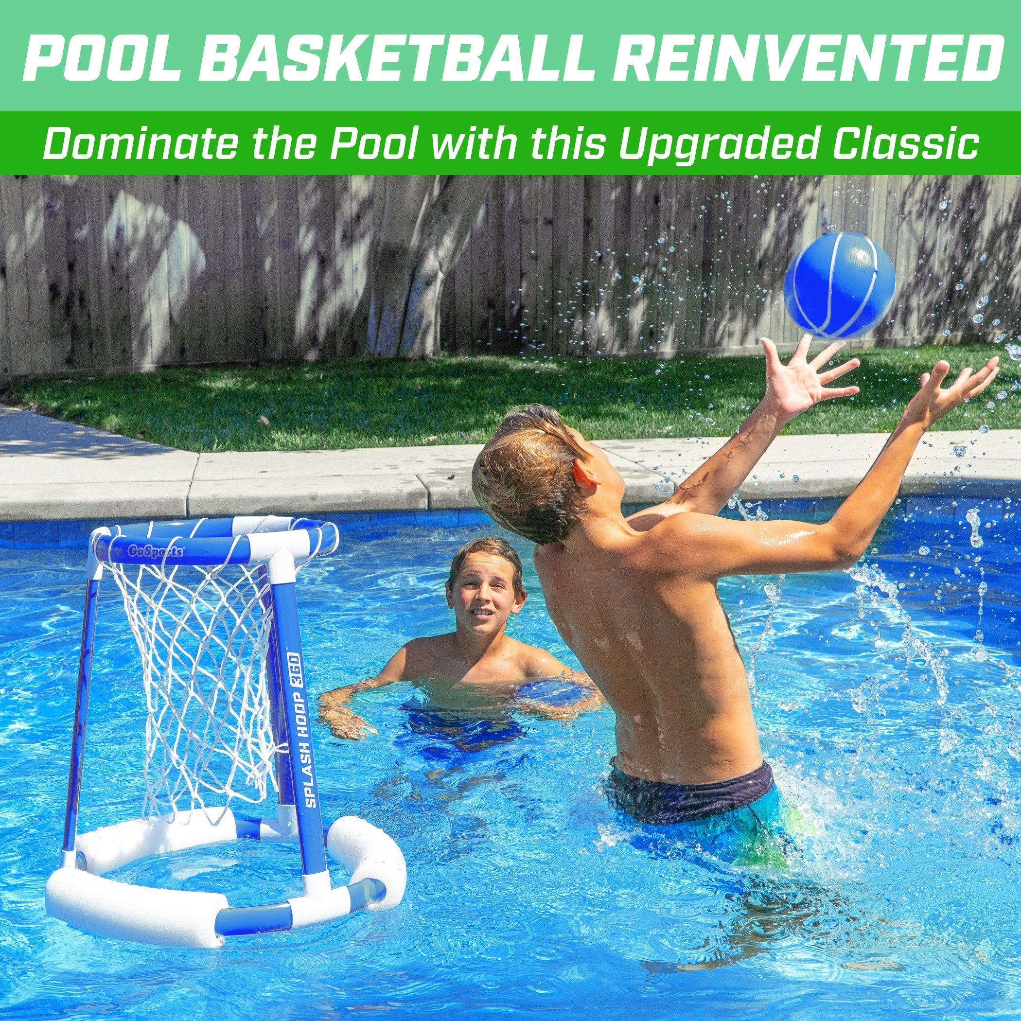 a boy playing with a pool basketball net