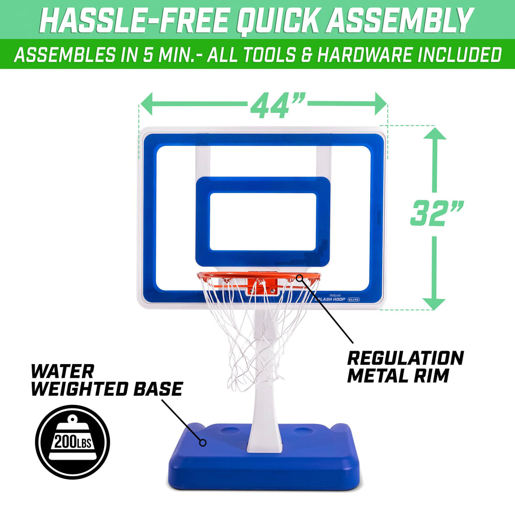 GoSports Splash Hoop ELITE Swimming Pool Basketball Hoop; Huge 44” x 32” Pro Style Backboard with Steel Rim and Weighted Base, Includes 2 Water Basketballs and Pump, Adjustable Height Basketball playgosports.com 