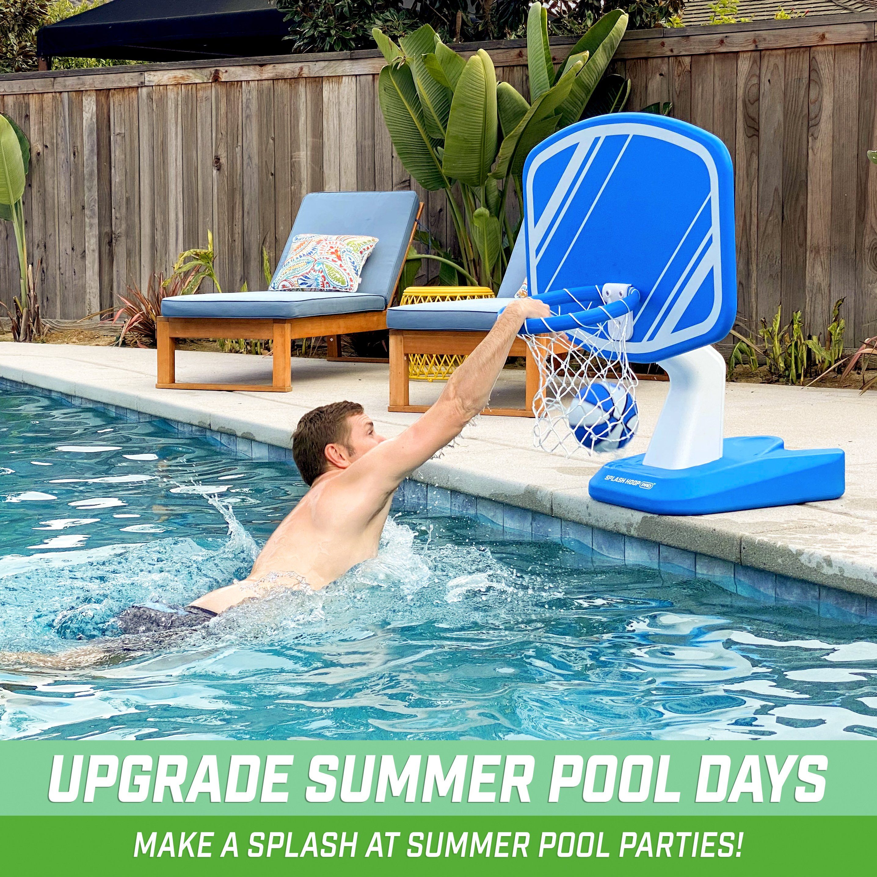 a man in a pool with a basketball hoop