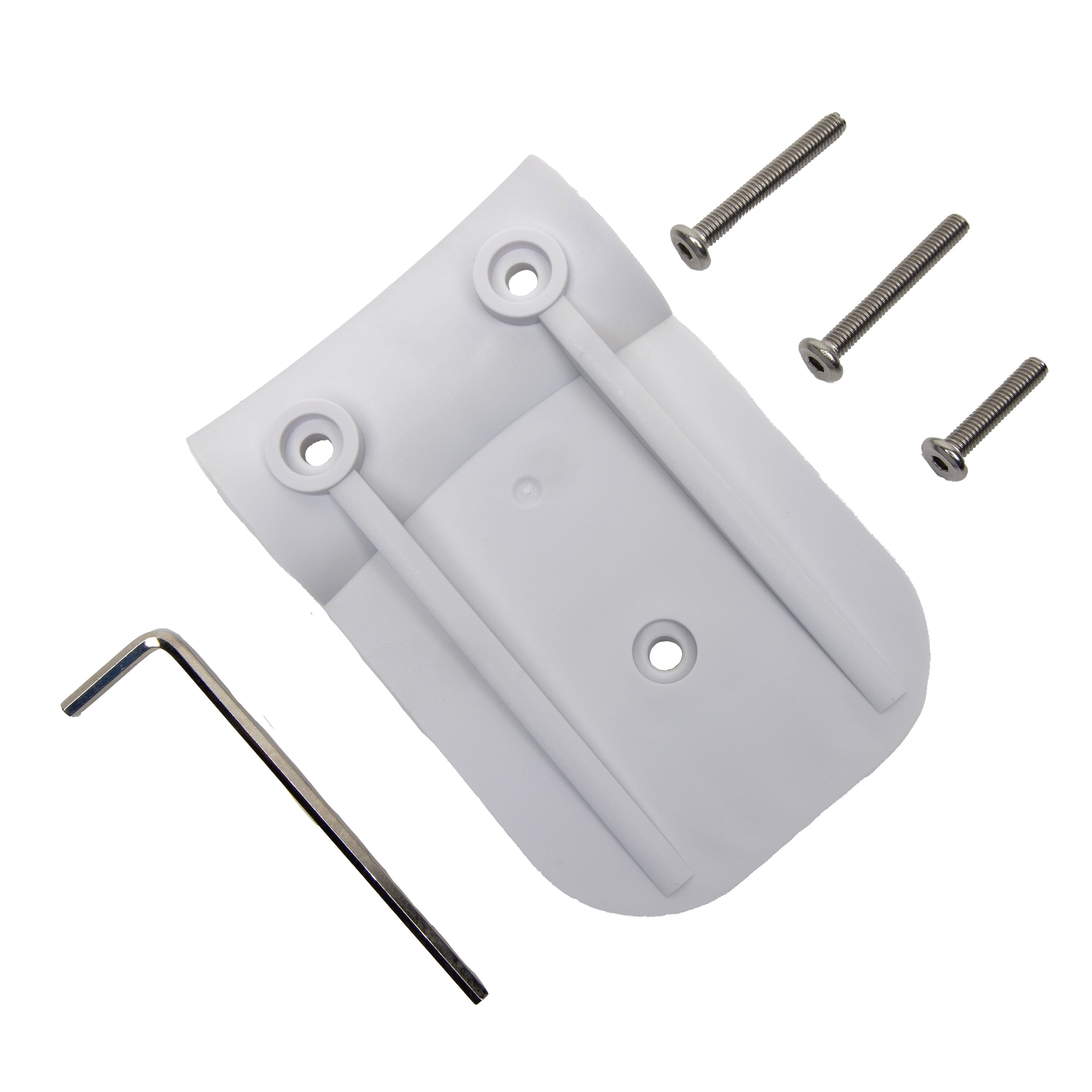 a white plastic door handle with screws and screws