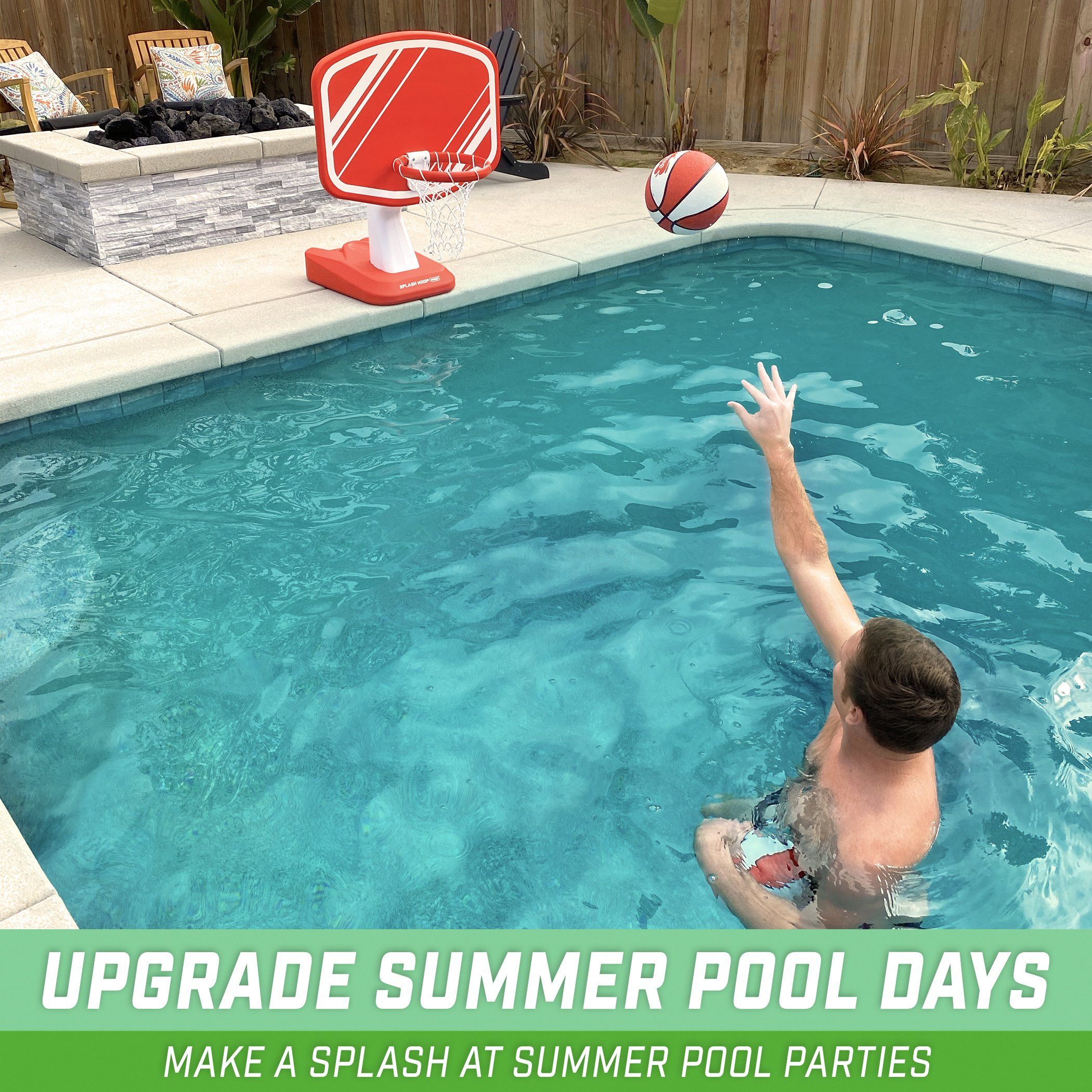 a man in a pool throwing a ball