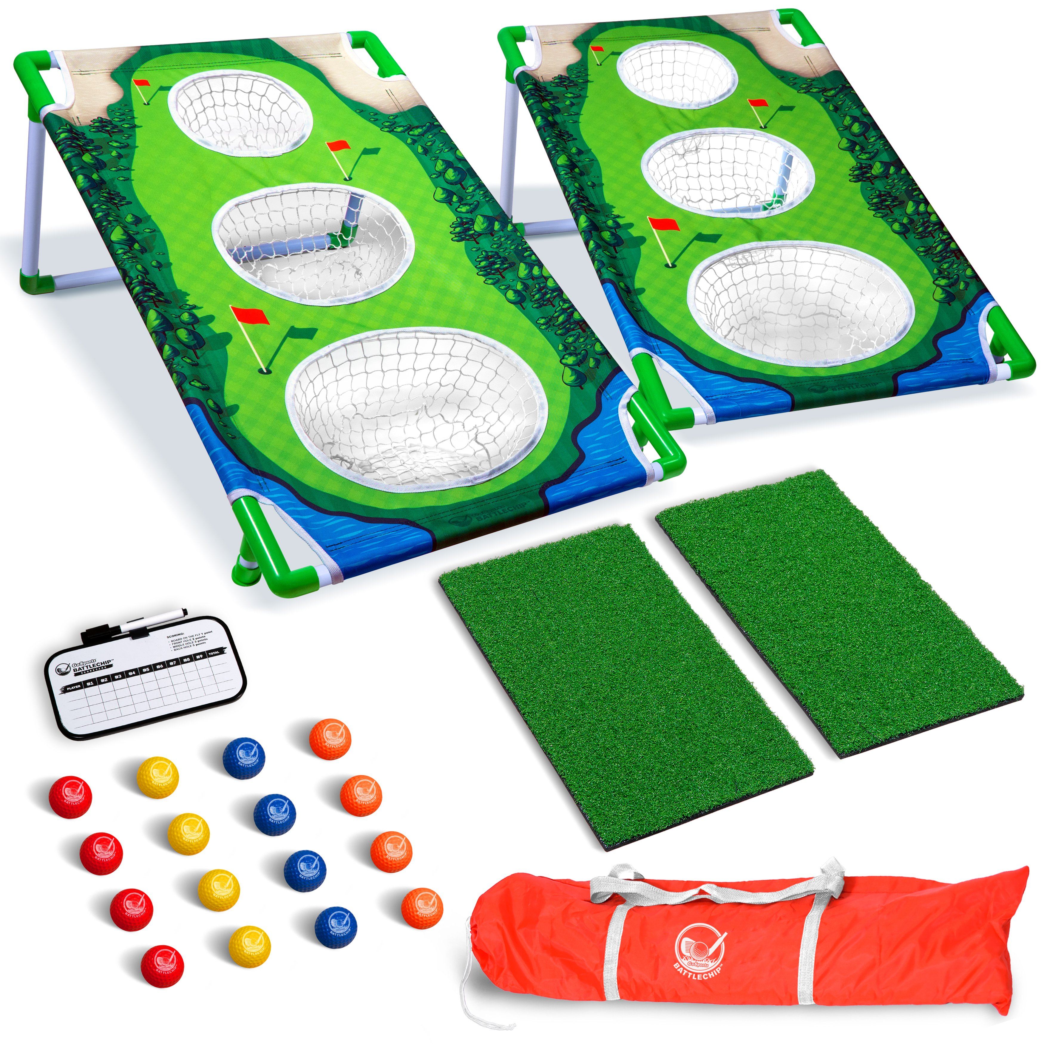 the golf game set includes two mini golfs, a bag and two balls