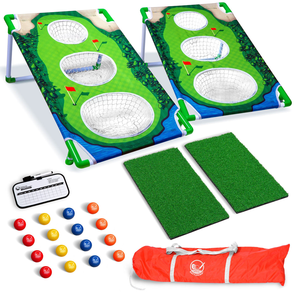 GoSports BattleChip MATCH Backyard Golf Cornhole Game | Includes 2 Chipping Targets, 16 Foam Balls, Hitting Mat, Scorecard and Carrying Case Golf playgosports.com 