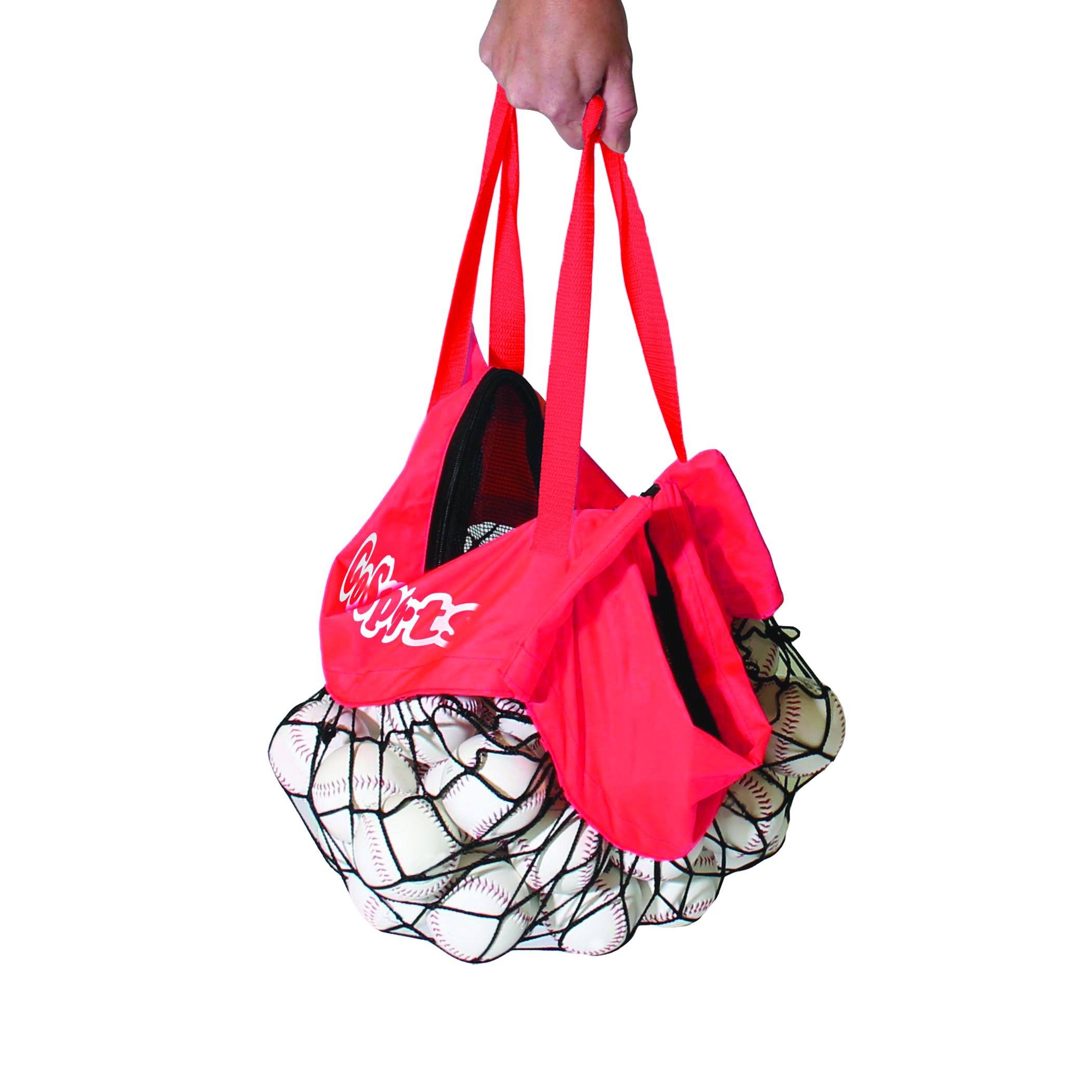 a person holding a red bag with a white and black design