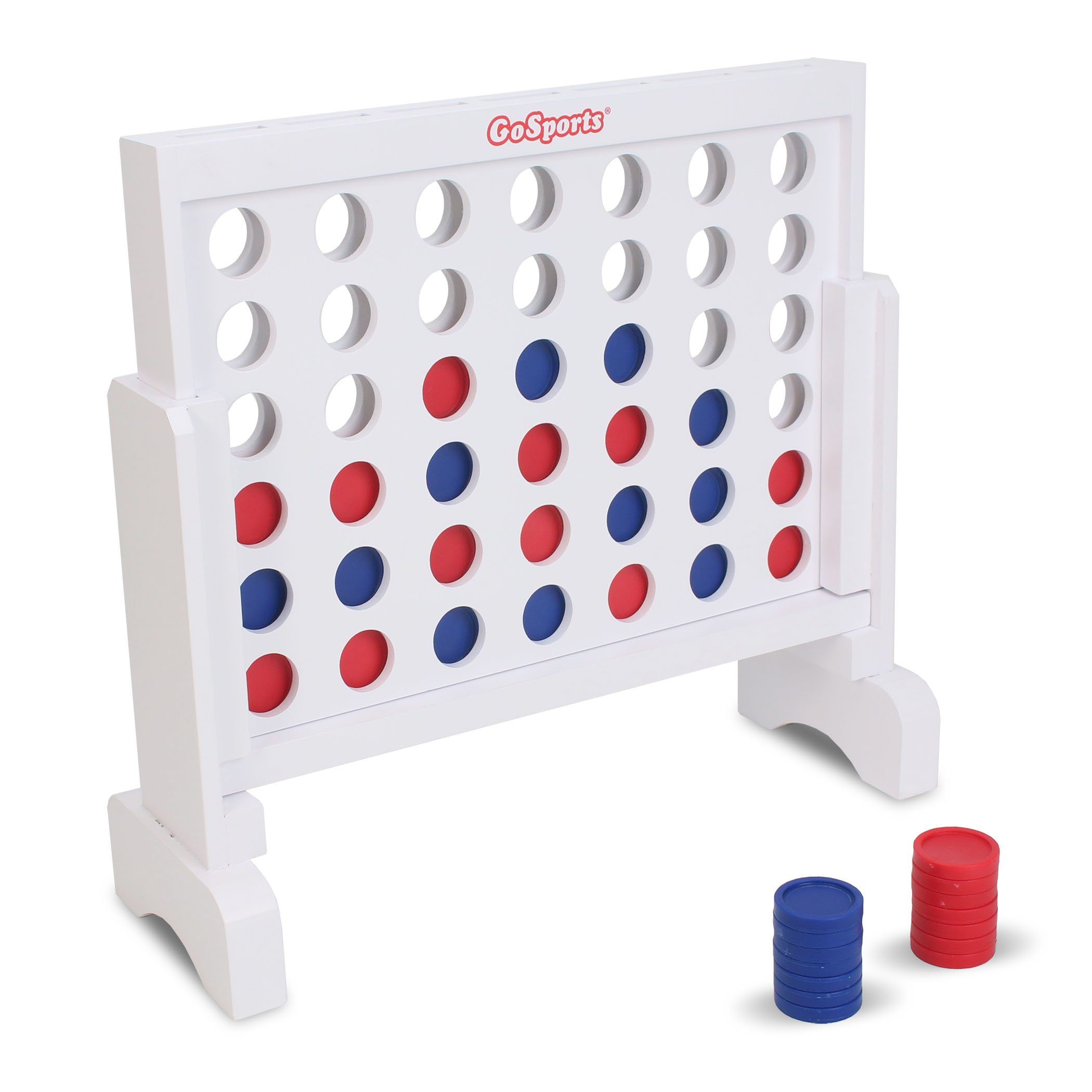 a white and red connect board with four red and blue circles