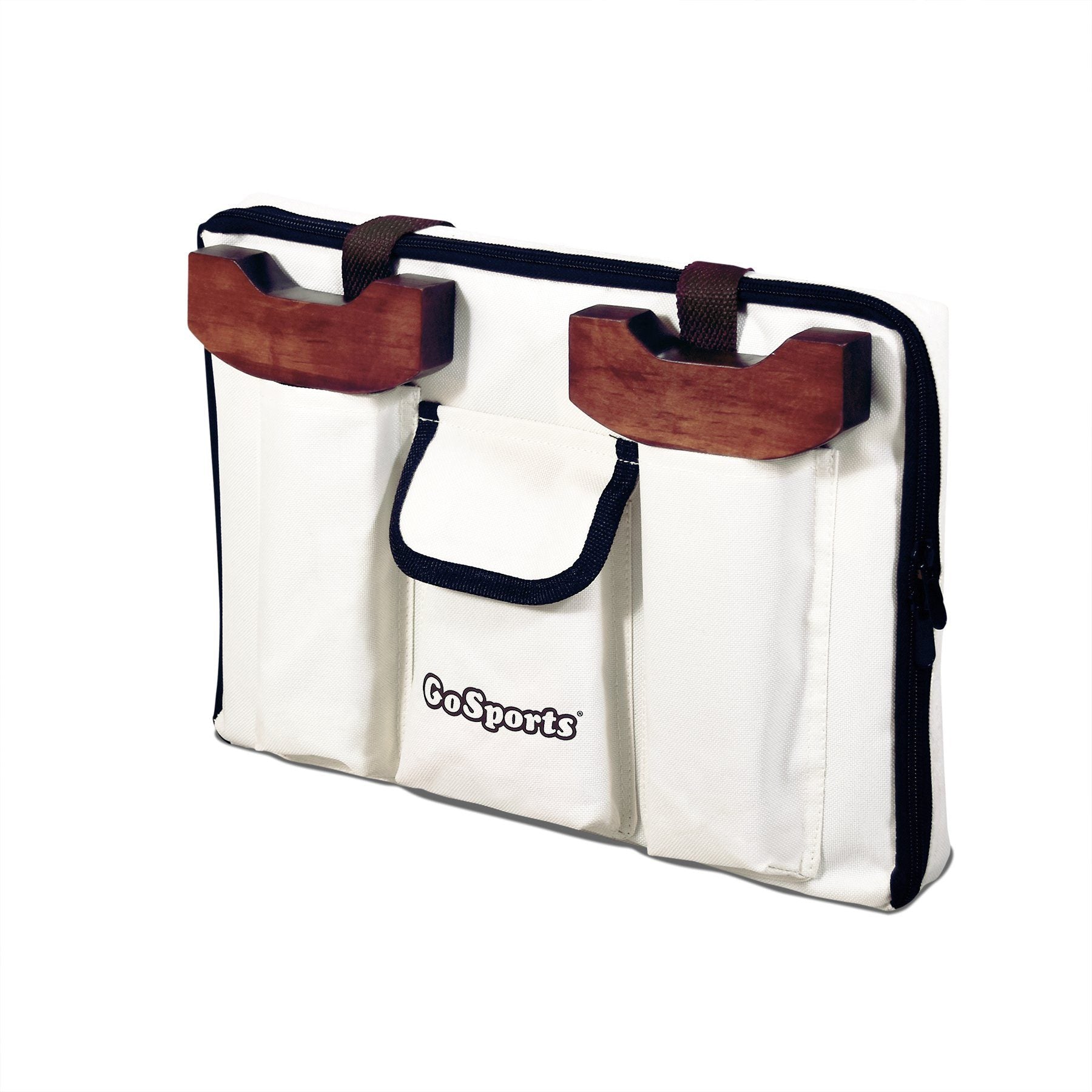 a white bag with two brown handles