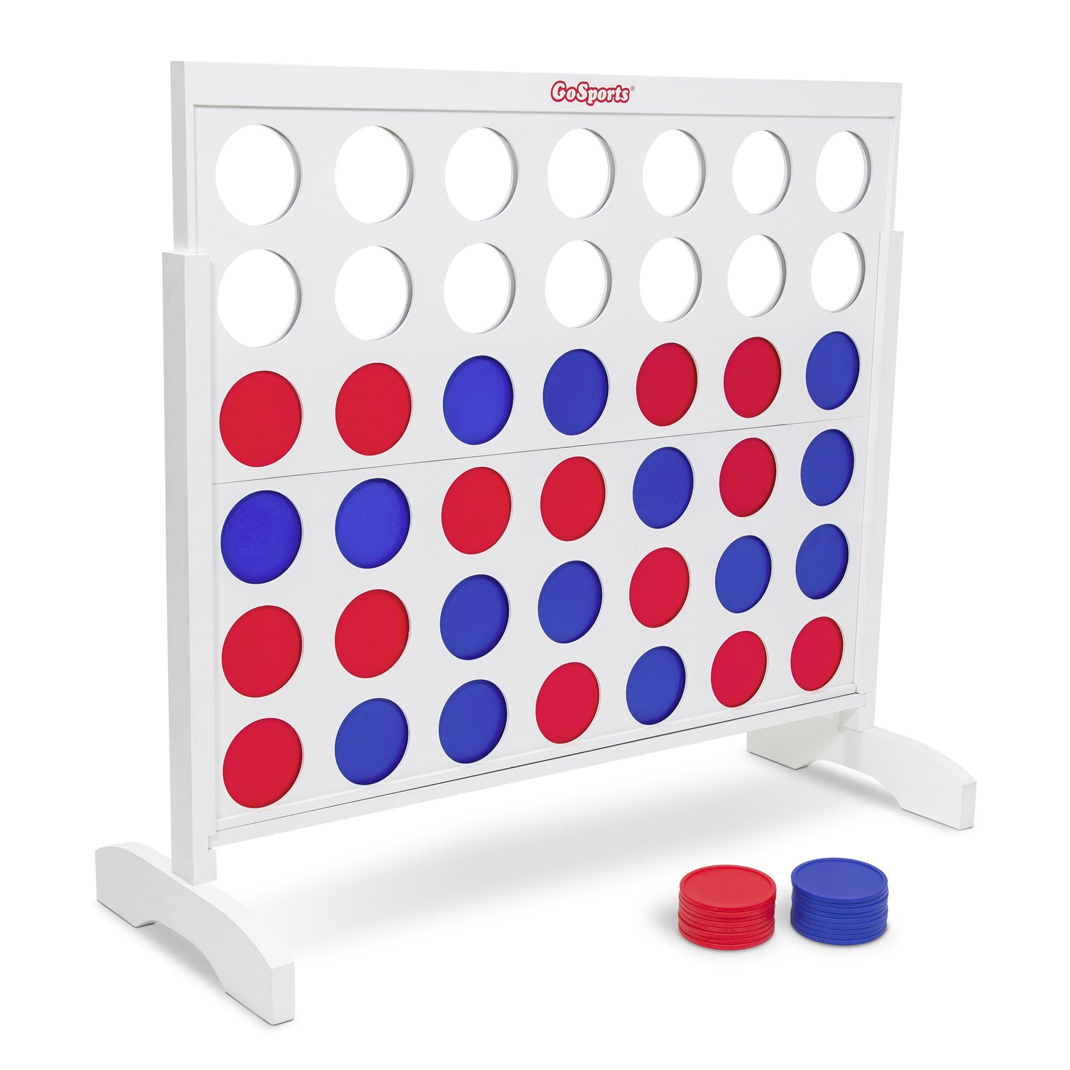 a white and red connect board with four blue circles