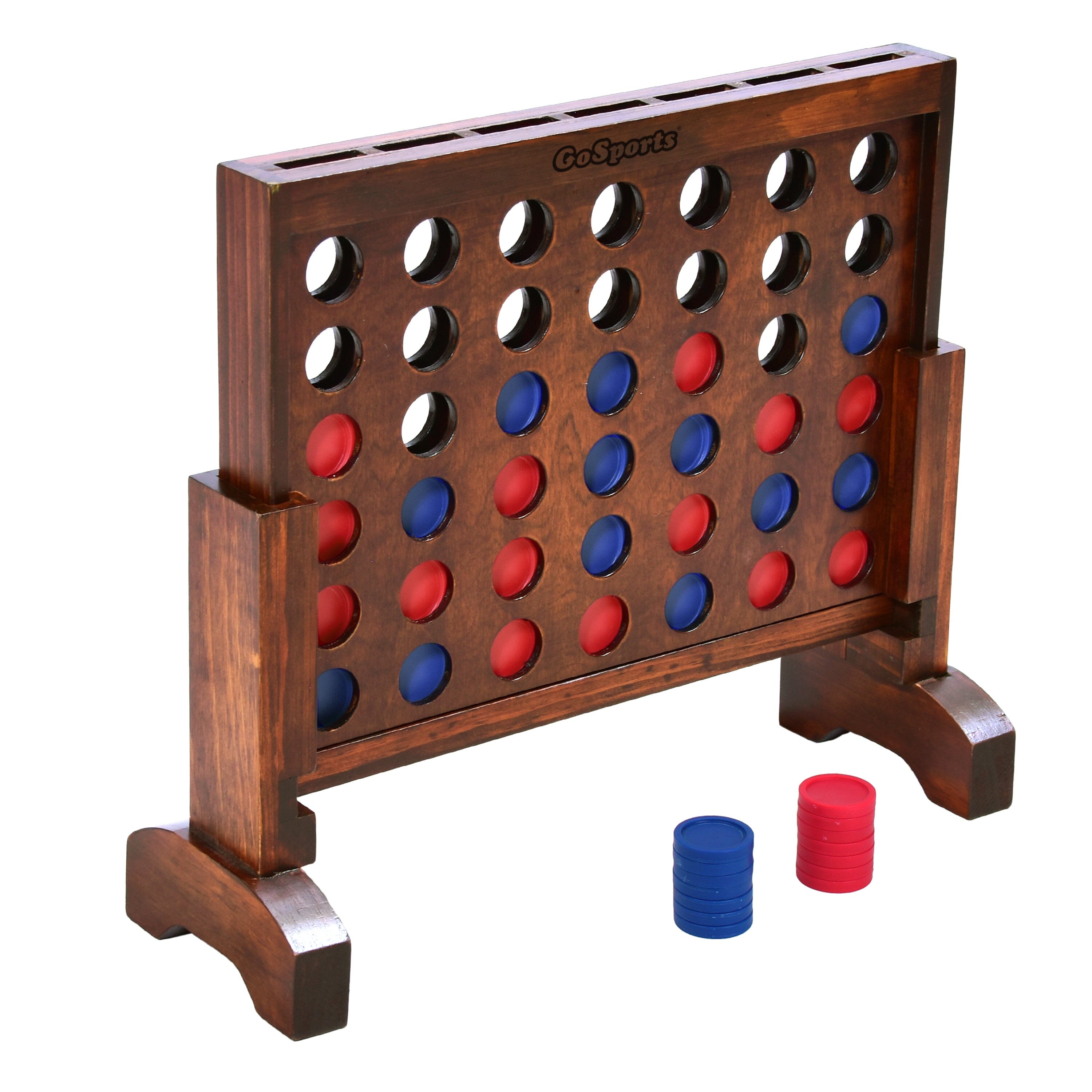 a wooden game set with four red and blue pieces