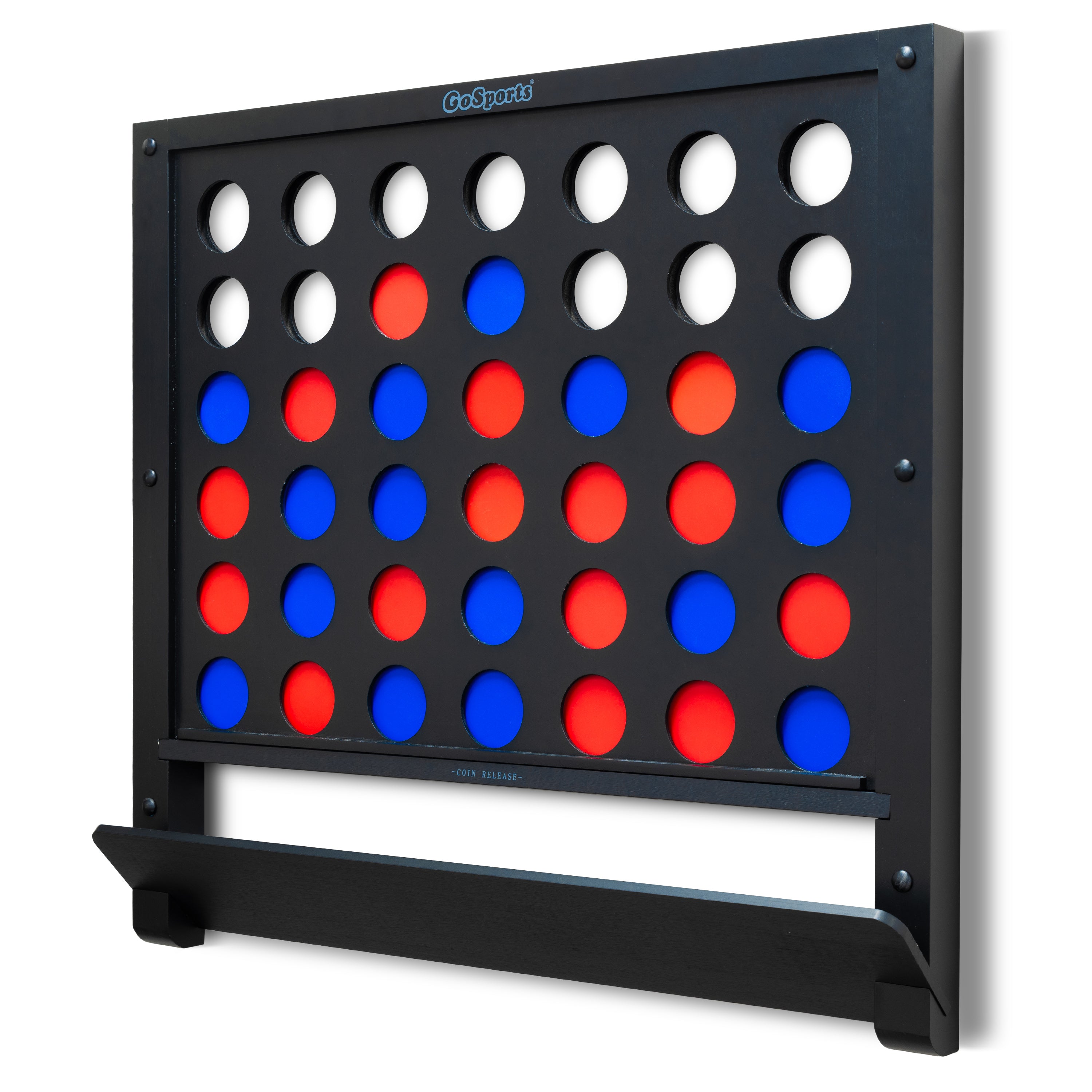 a black and red connect board with six blue circles