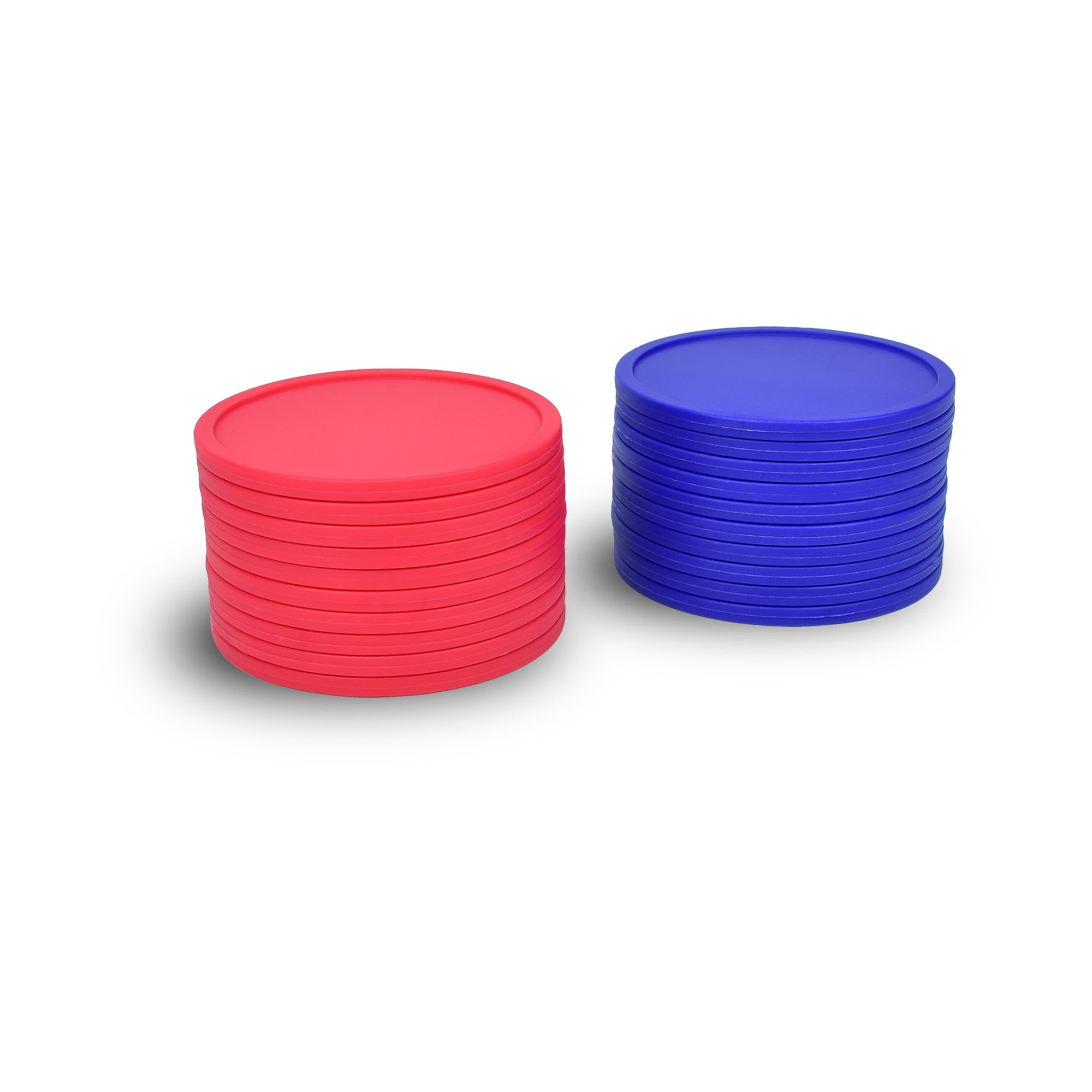 a stack of red and blue plastic discs
