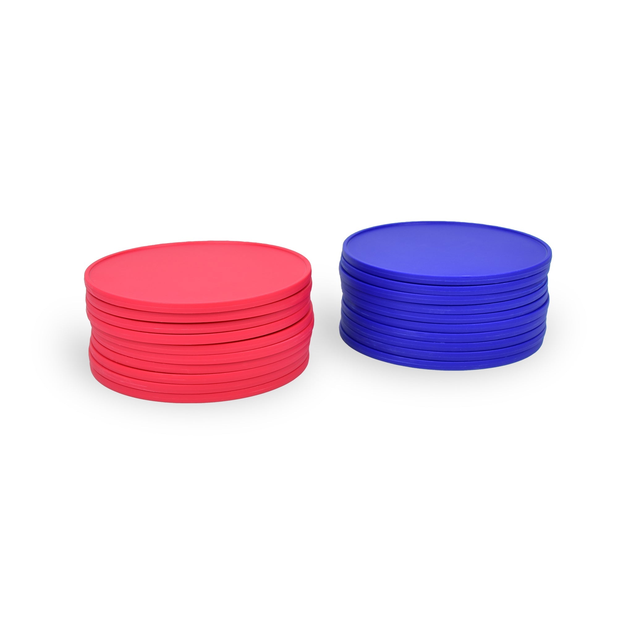 a stack of red and blue plastic discs