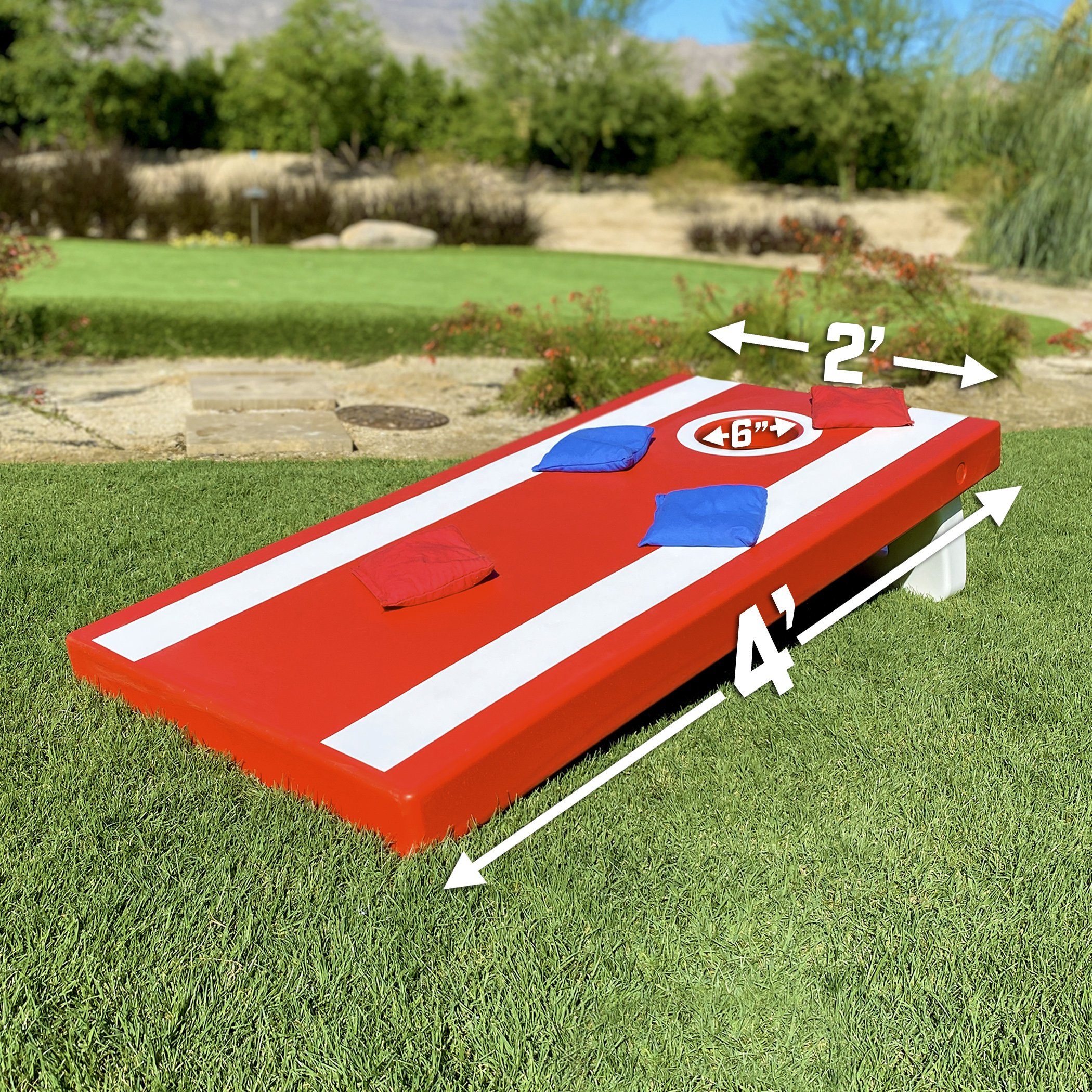 a red and white striped cornhole