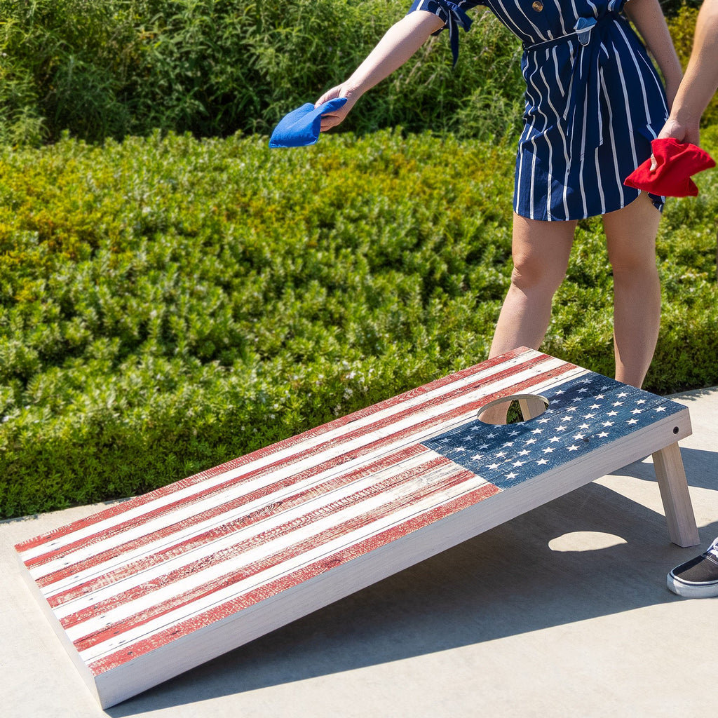 GoSports 4'x2' Reguation Size Premium Wood Cornhole Set - Rustic American Flag Design, Includes Two 4'x2' Boards, 8 Bean Bags, Carrying Case and Game Rules Cornhole playgosports.com 