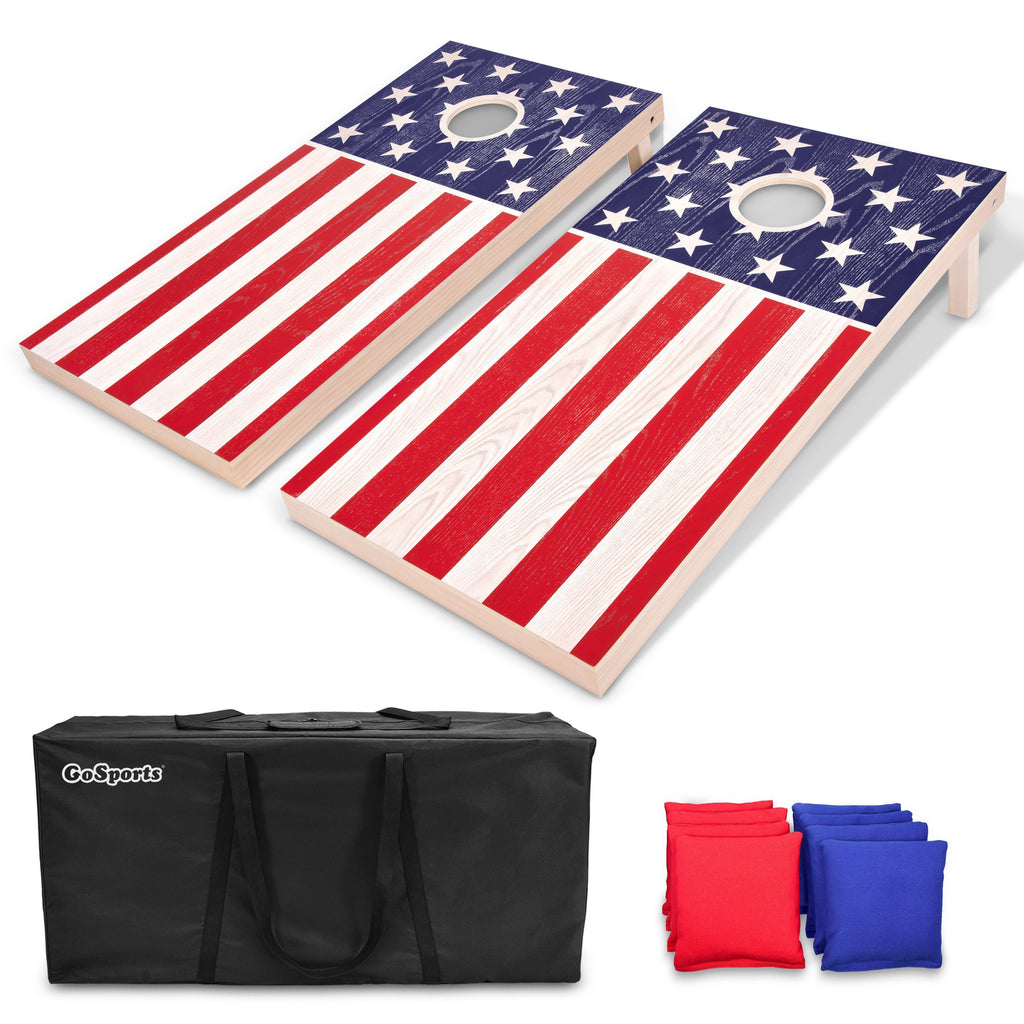 GoSports Regulation Size Solid Wood Cornhole Set - American Flag Design - Includes Two 4' x 2' Boards, 8 Bean Bags, Carrying Case and Game Rules Cornhole playgosports.com 