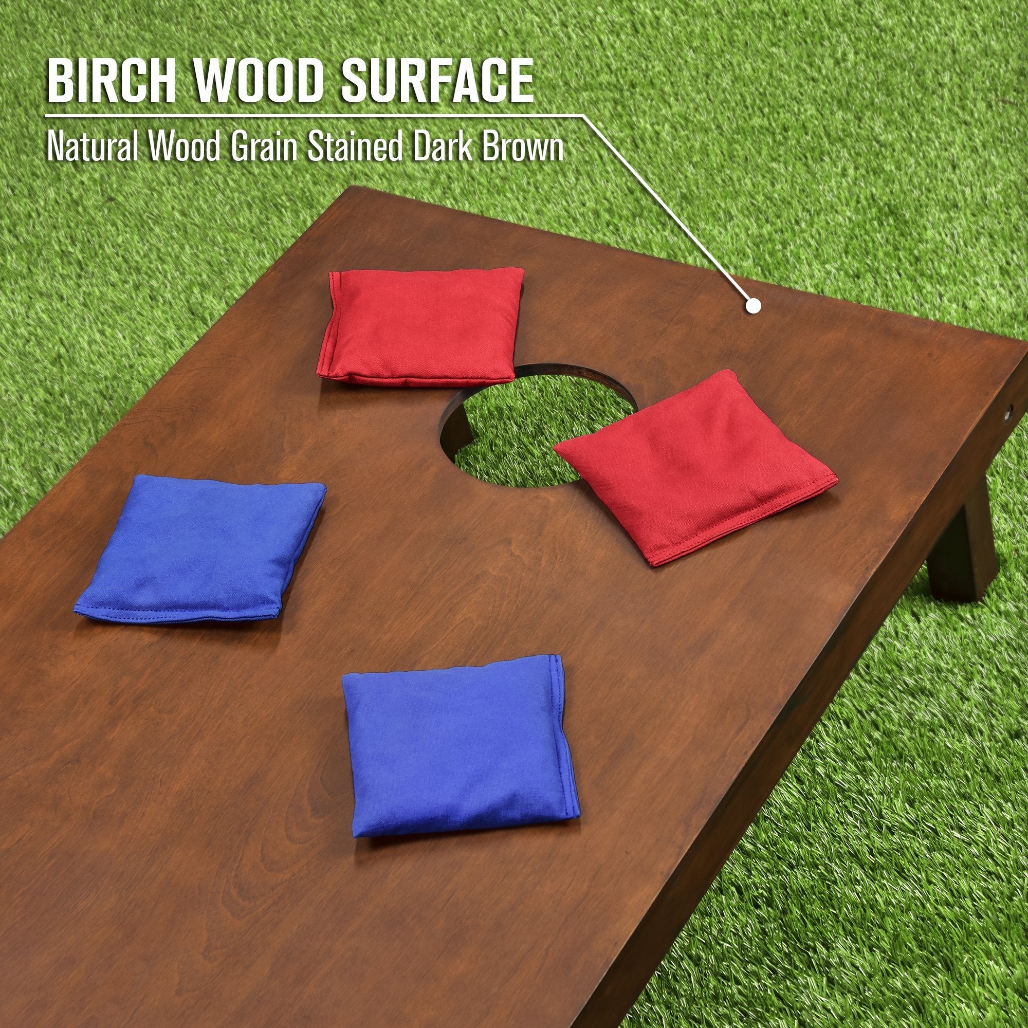 a wooden table with a red and blue cloth on it