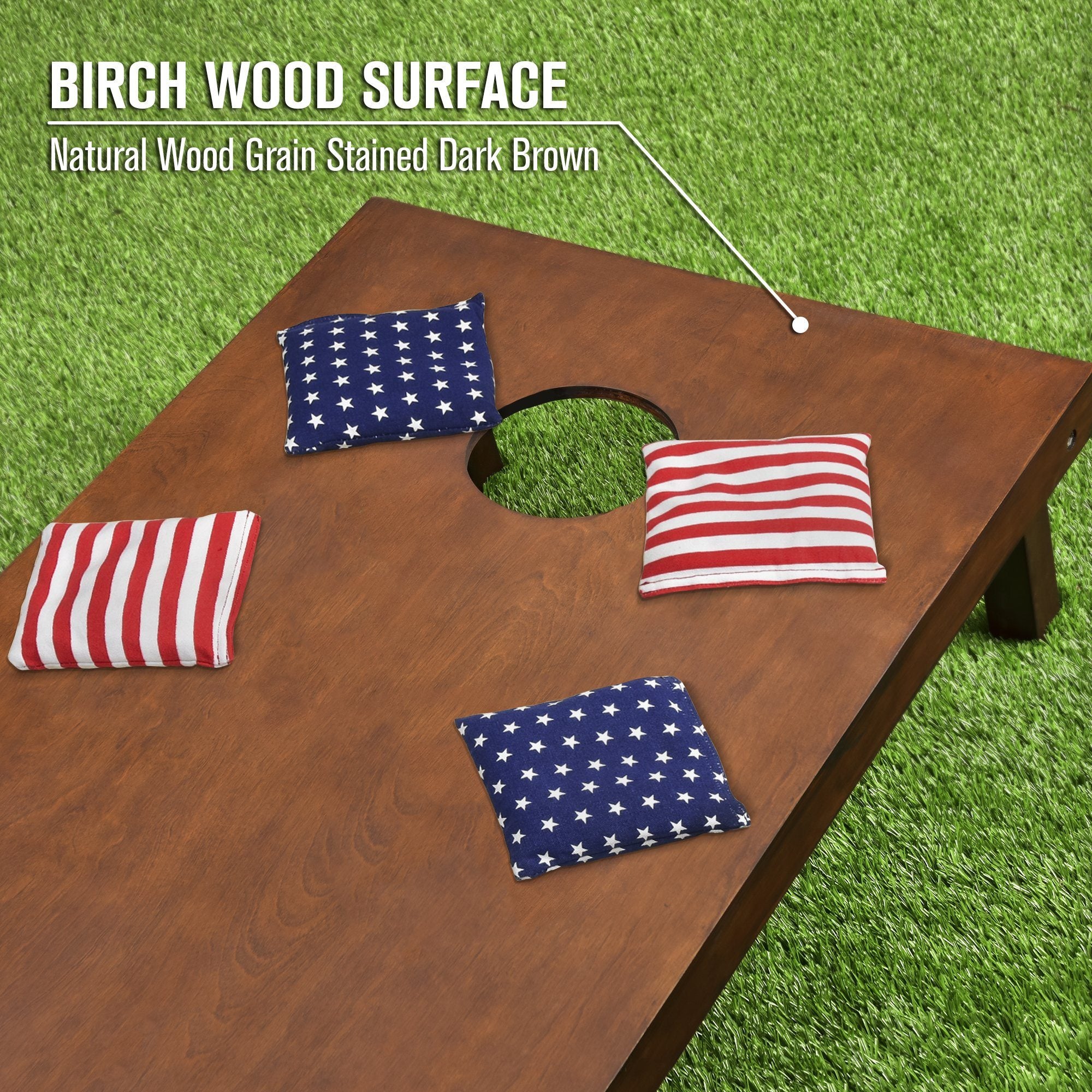 a wooden cornhole with american flags on it
