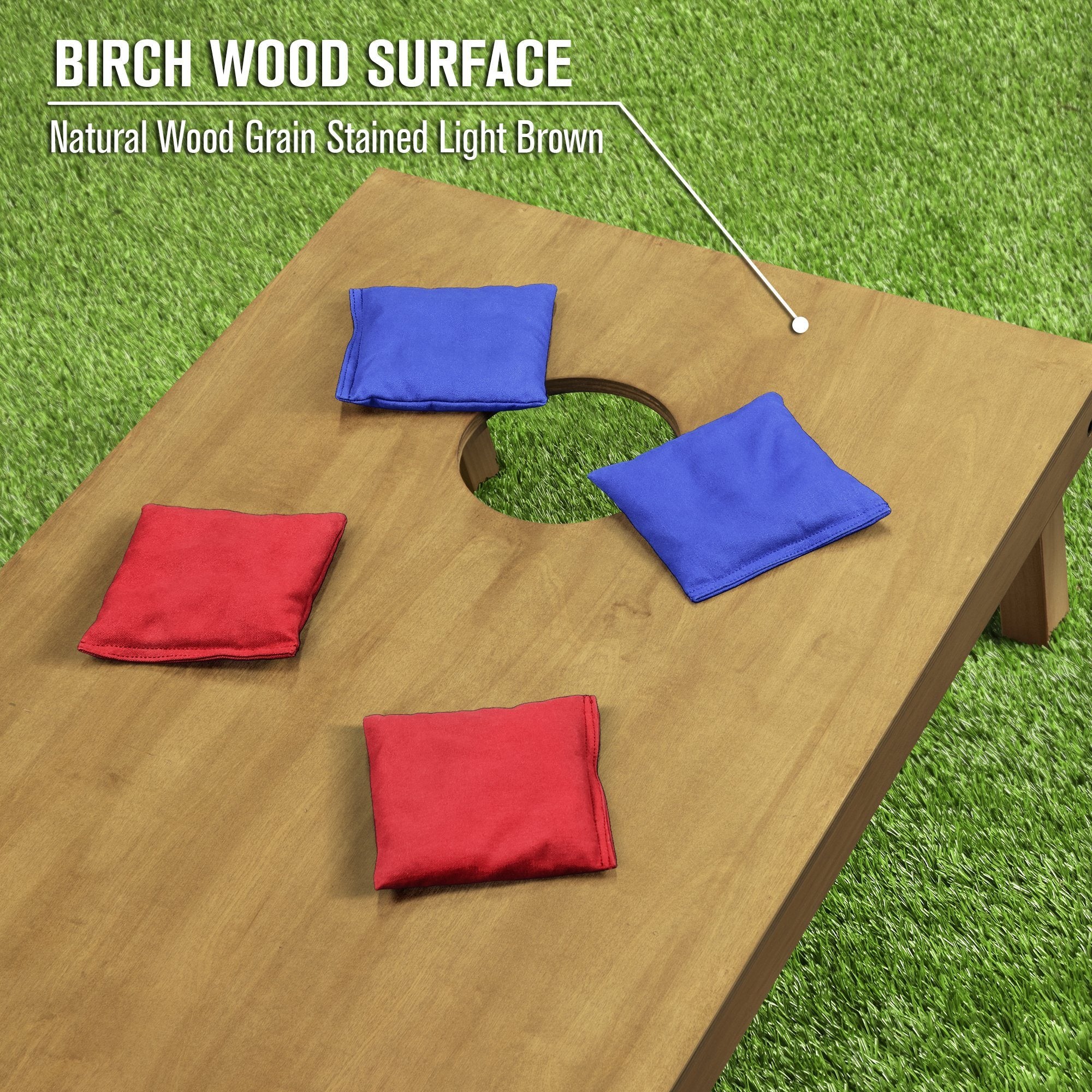 a wooden corno game set with red and blue cloths