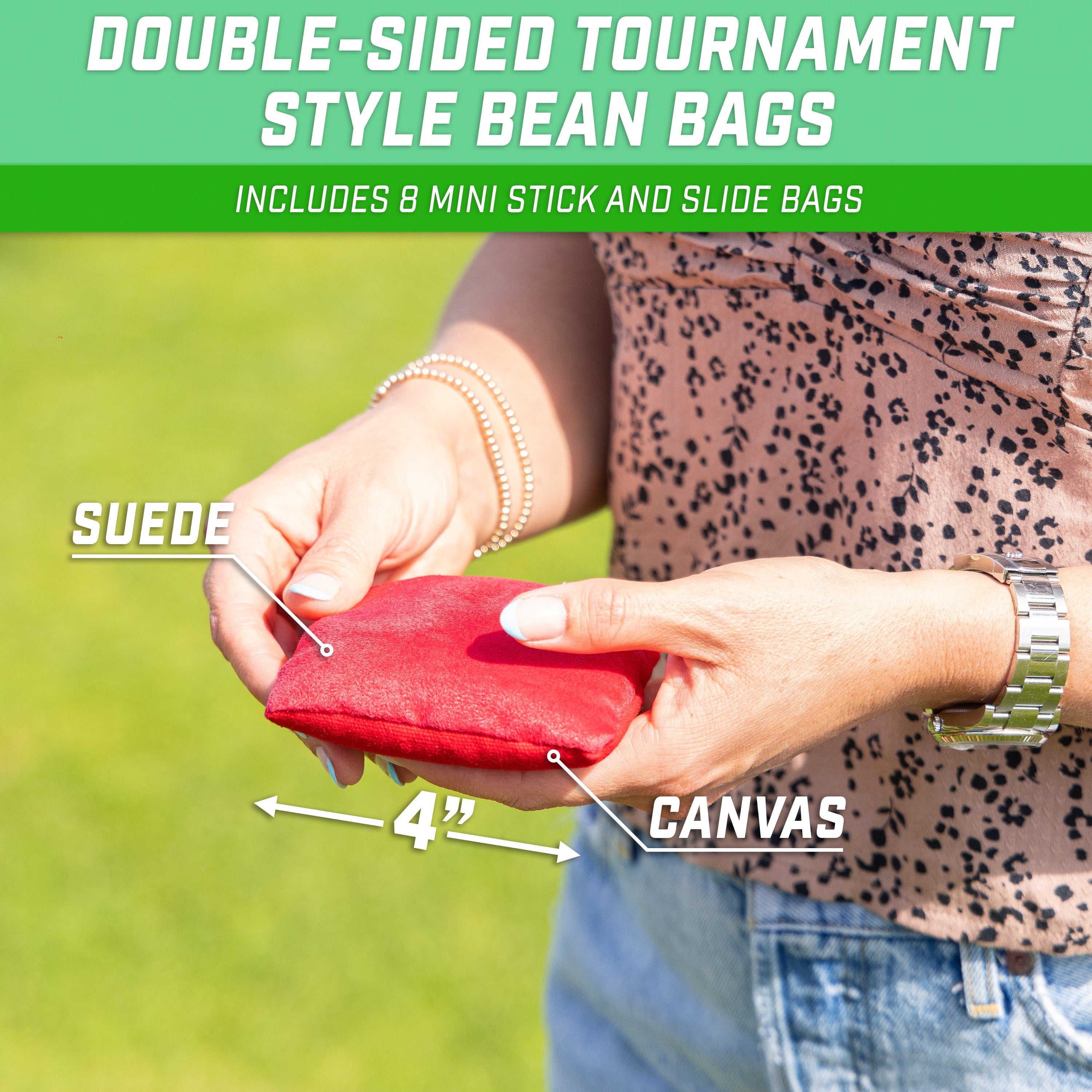 woman holding a suede bean canvas bean bag four inches long 