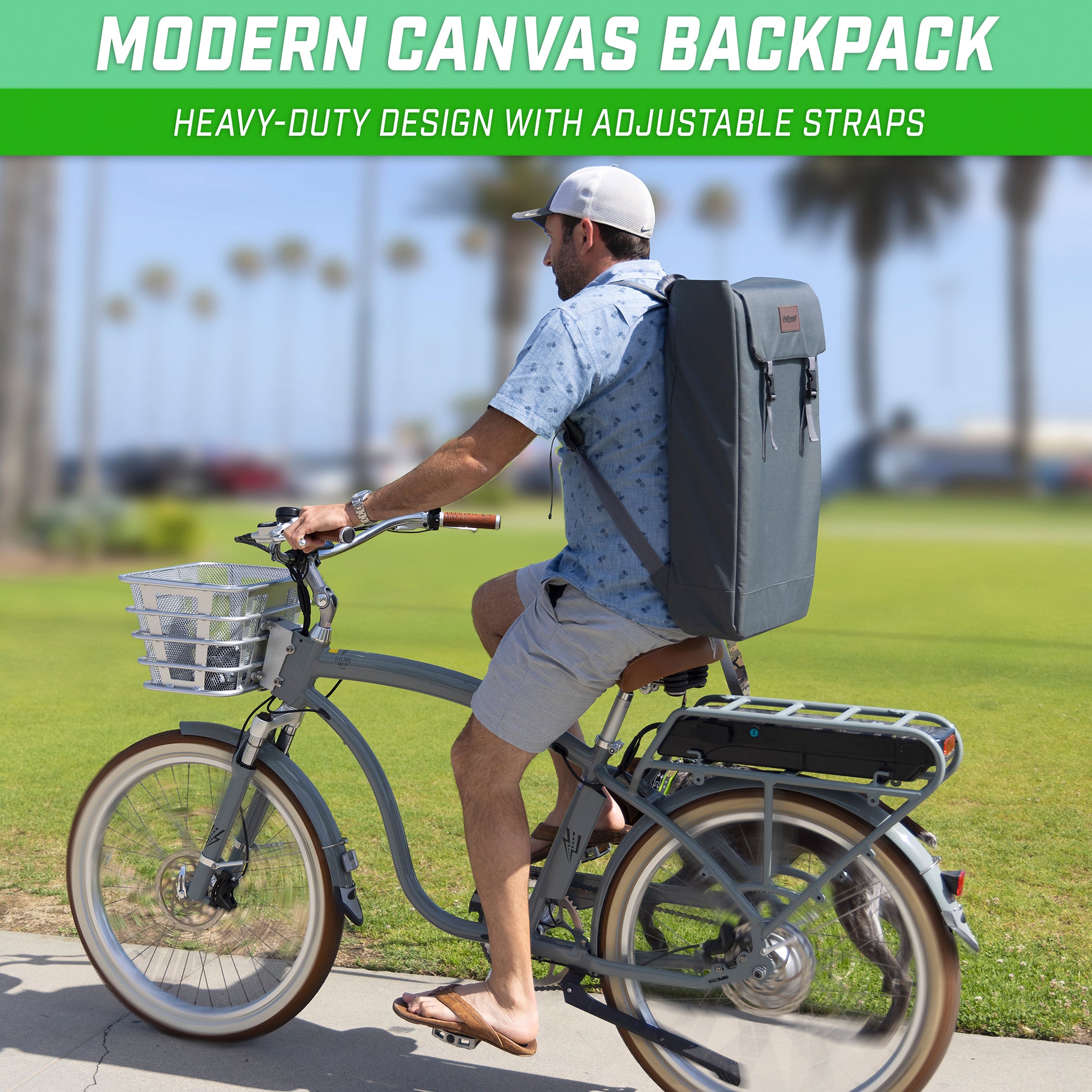 a man riding a bike with a backpack on the back