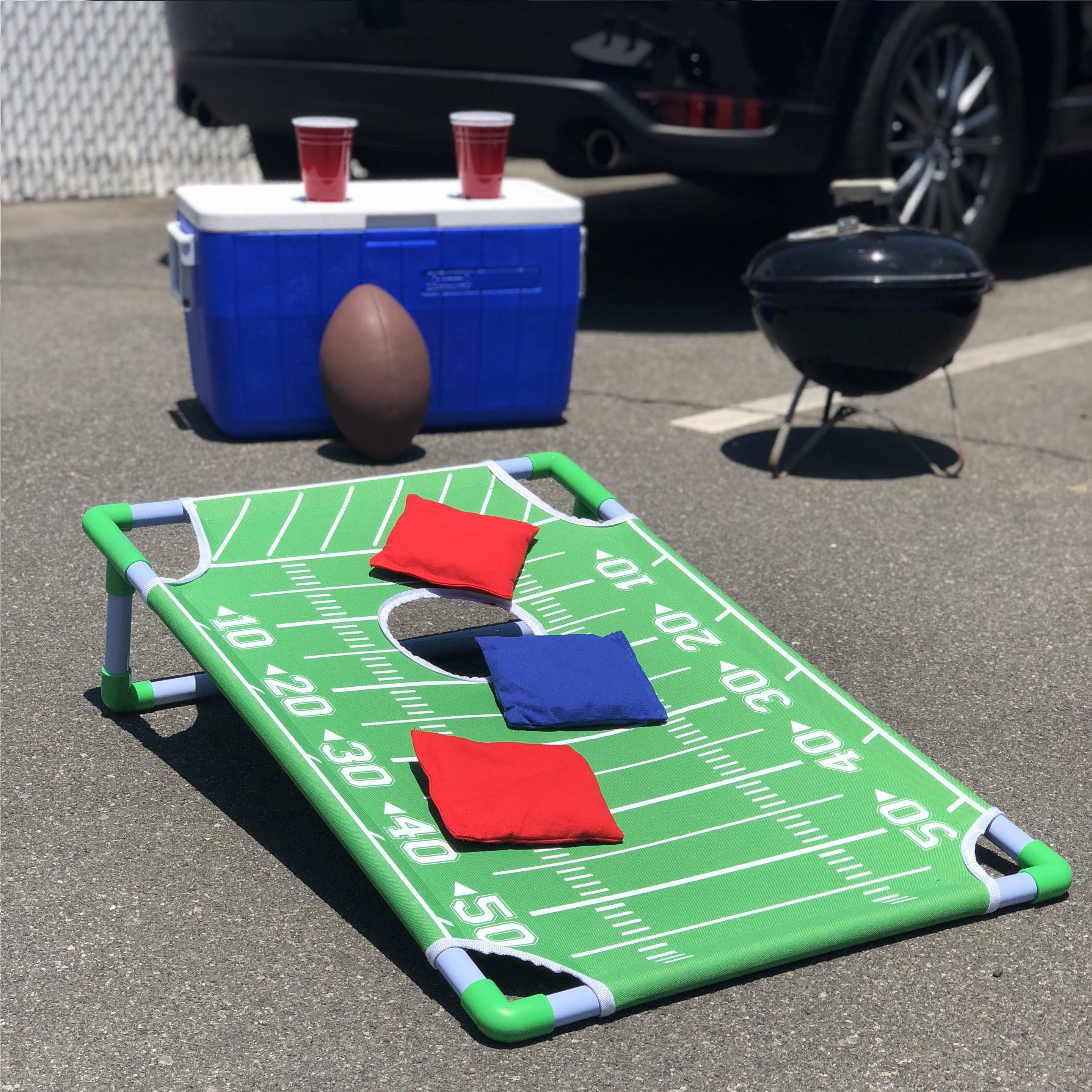 a football field with a ball and a football on it