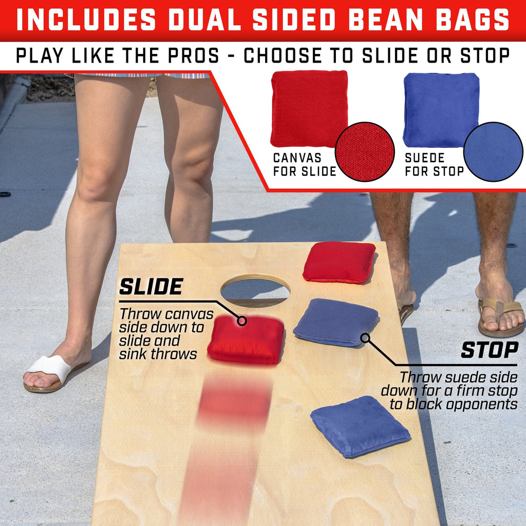 GoSports Red & Blue Dual Sided Cornhole Bean Bags | Slide & Stop Regulation Tournament Bean Bags Set of 8 Cornhole playgosports.com 