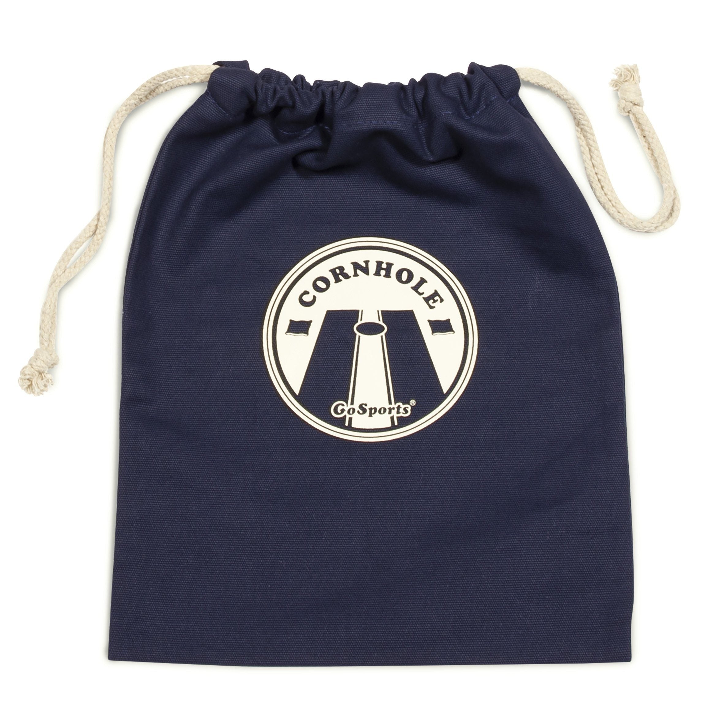 a navy draws bag with a white logo on it