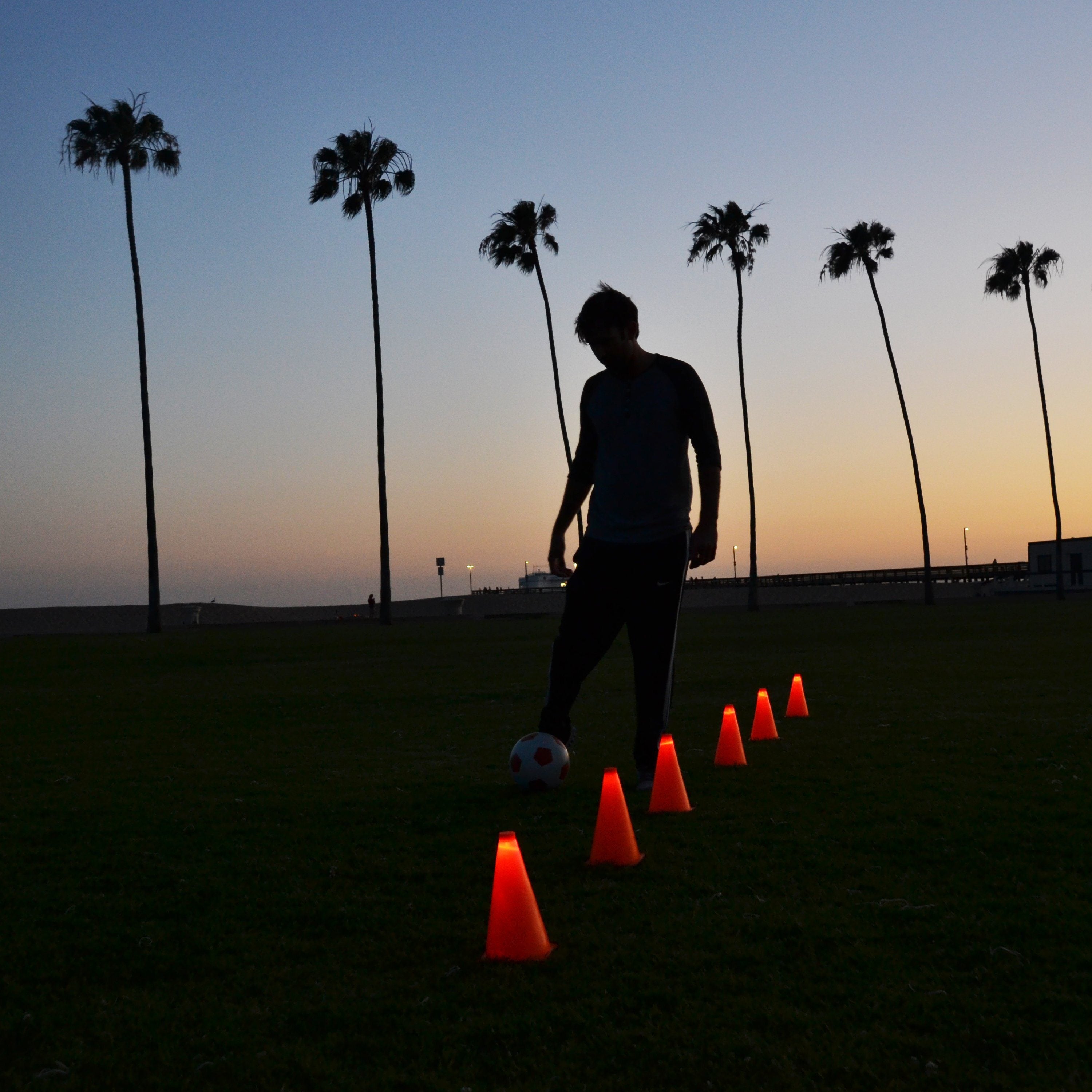 a man standing in a field with orange cones