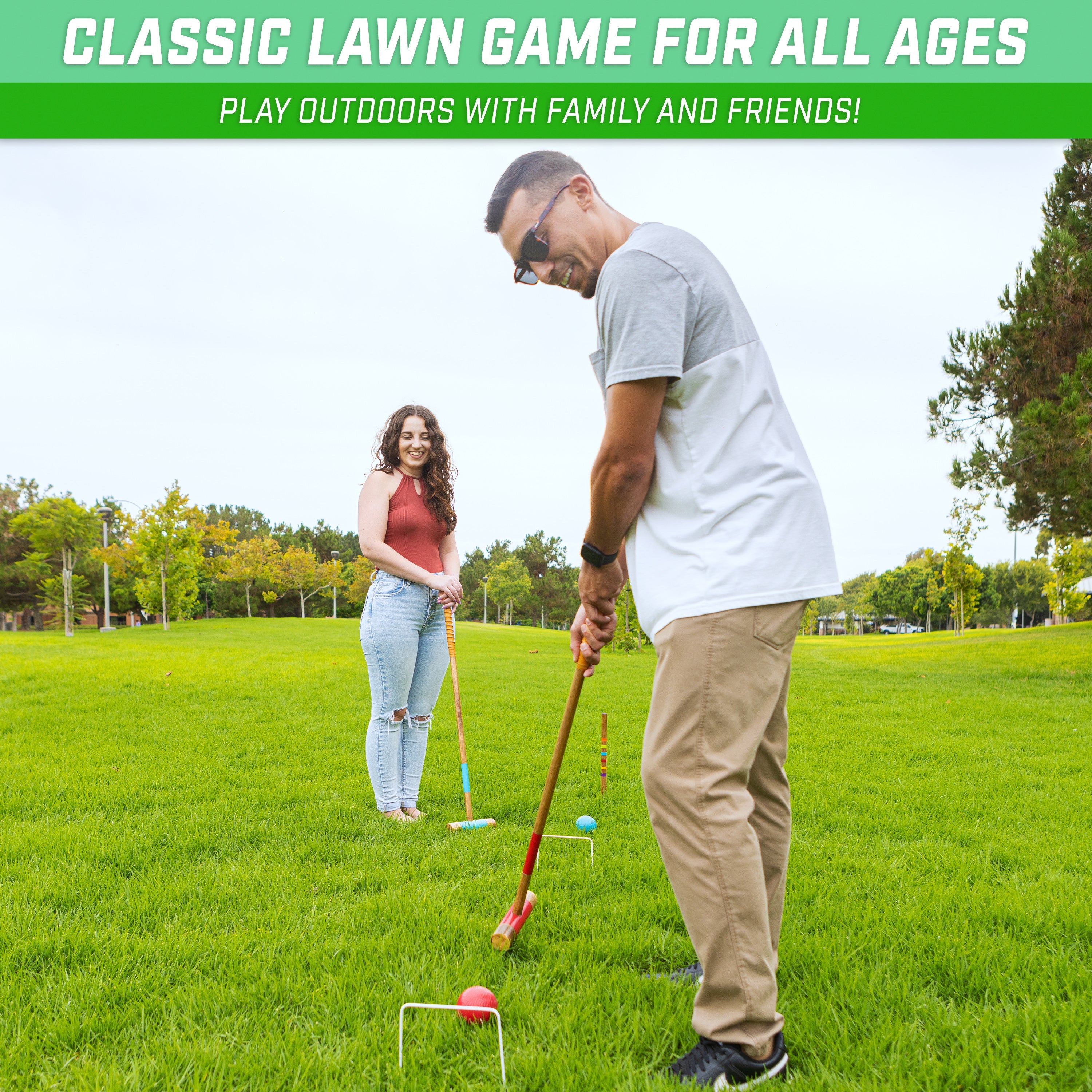 a man and woman playing lawn games