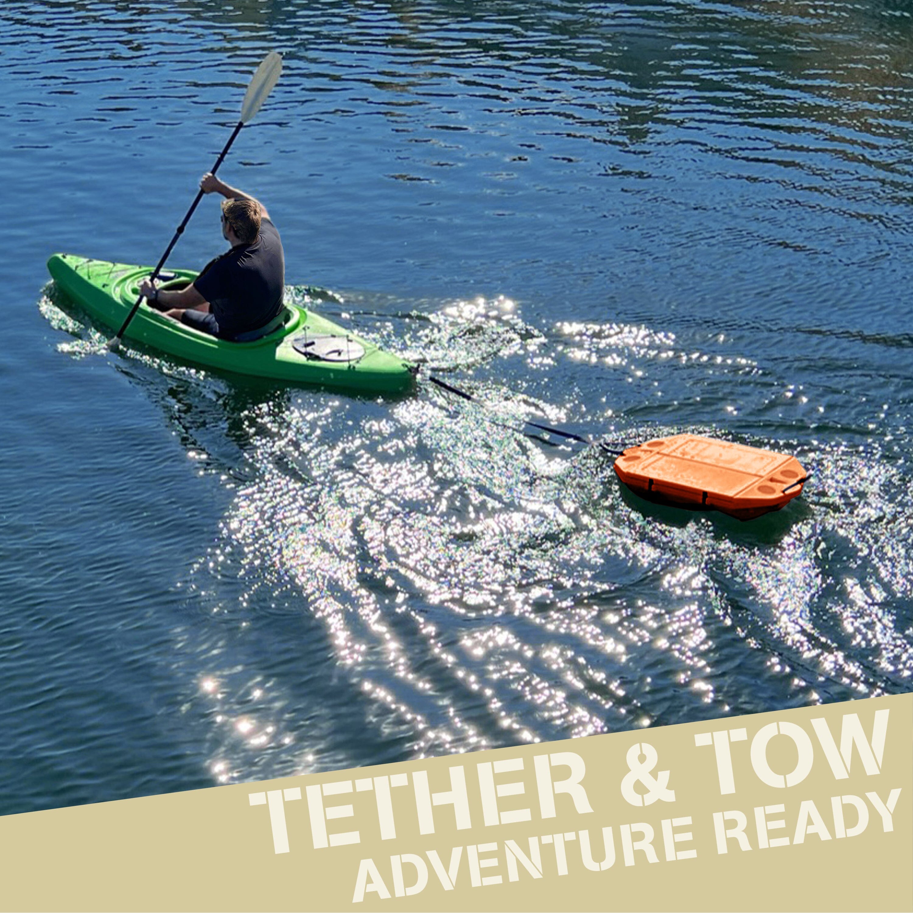 a man in a kayak paddles through the water with white cooler