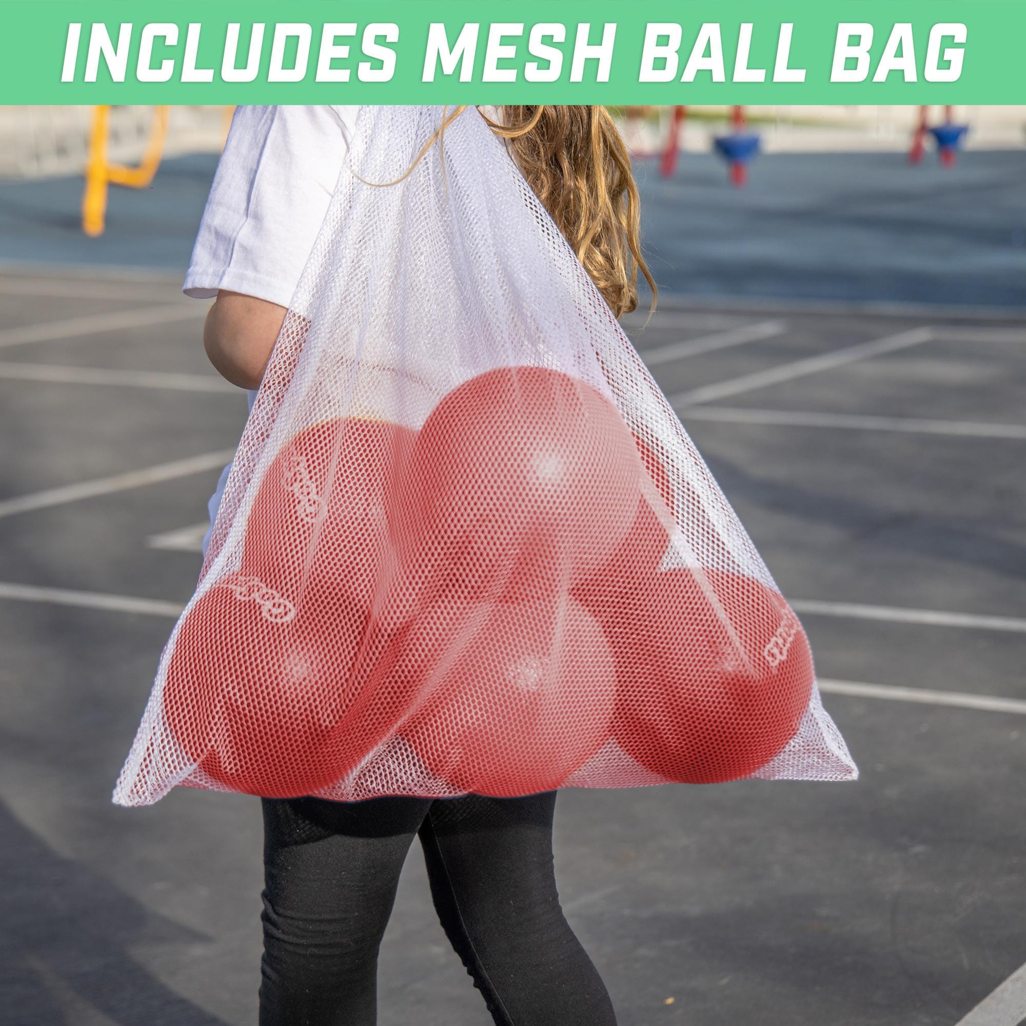 a girl carrying a mesh bag with a heart on it