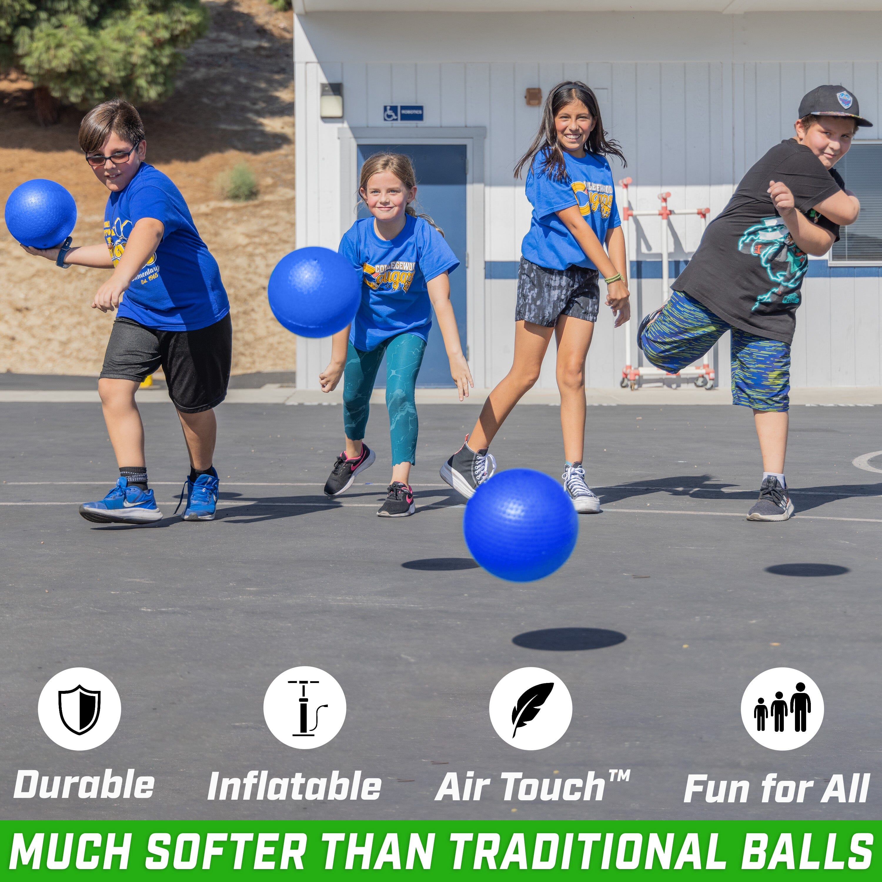 a group of kids playing with balls in a parking lot