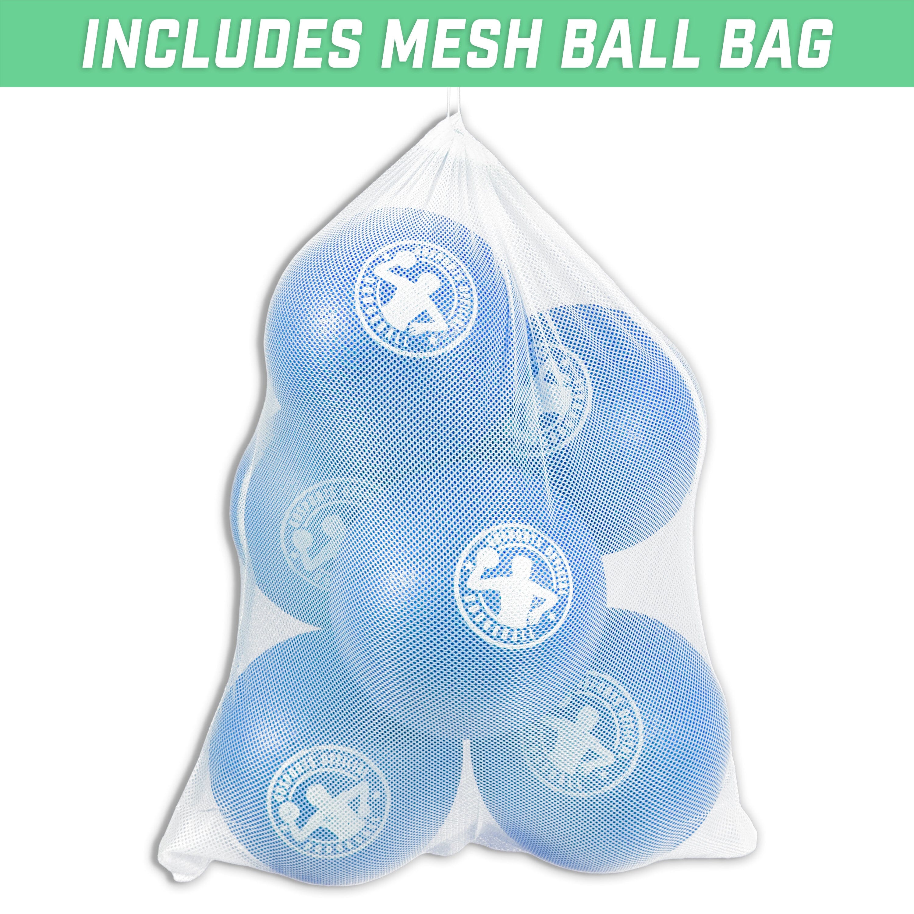 a bag of blue balls with the words, ' in the middle of the bag, '