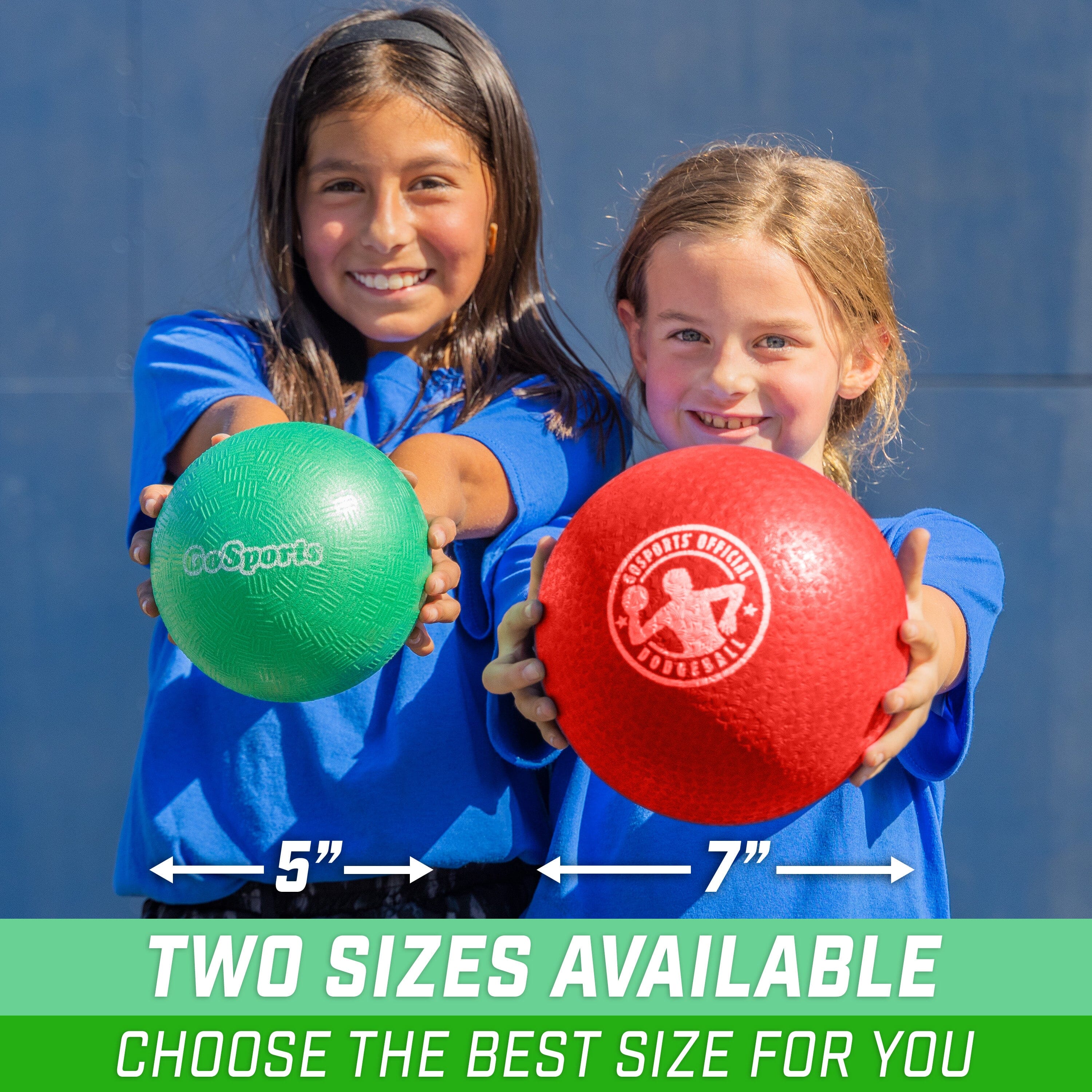 two girls holding two balls with the words two sizes available choose the best for you