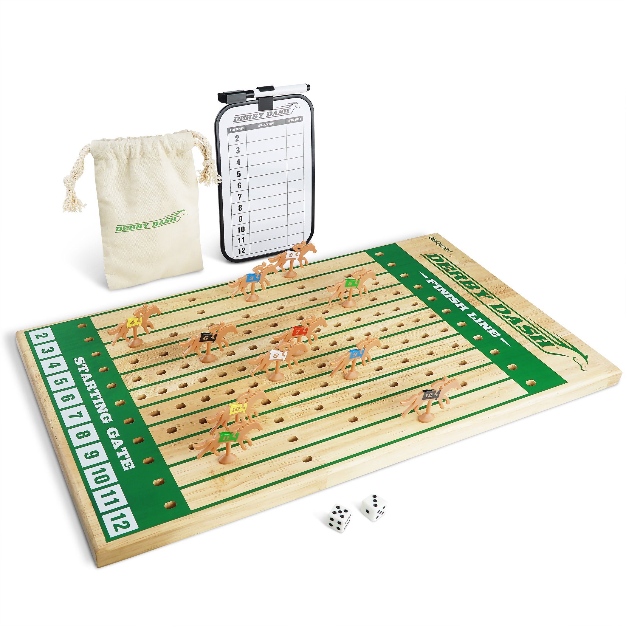 a wooden board with a bag and dice