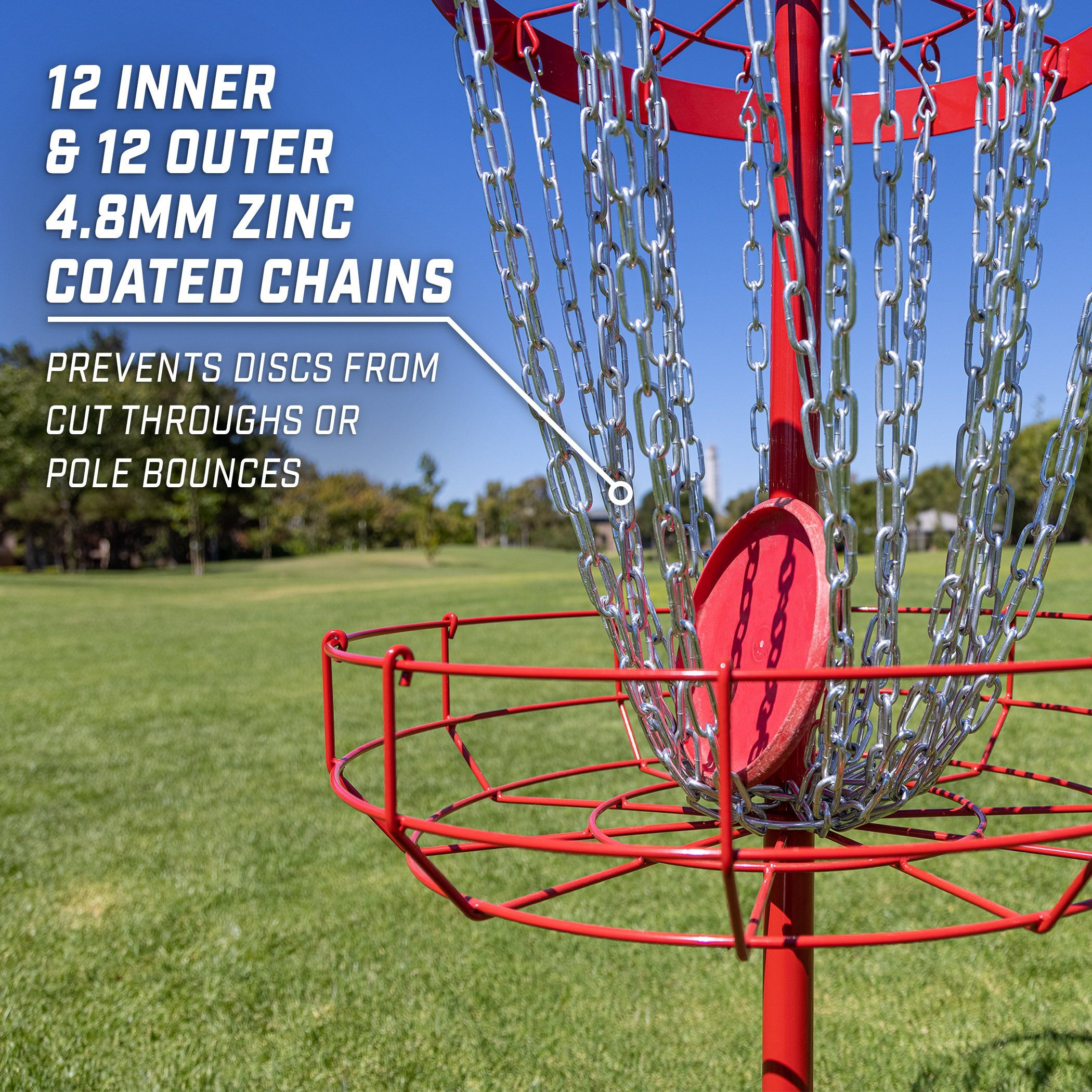 a red disc golf game with chains and a red disc