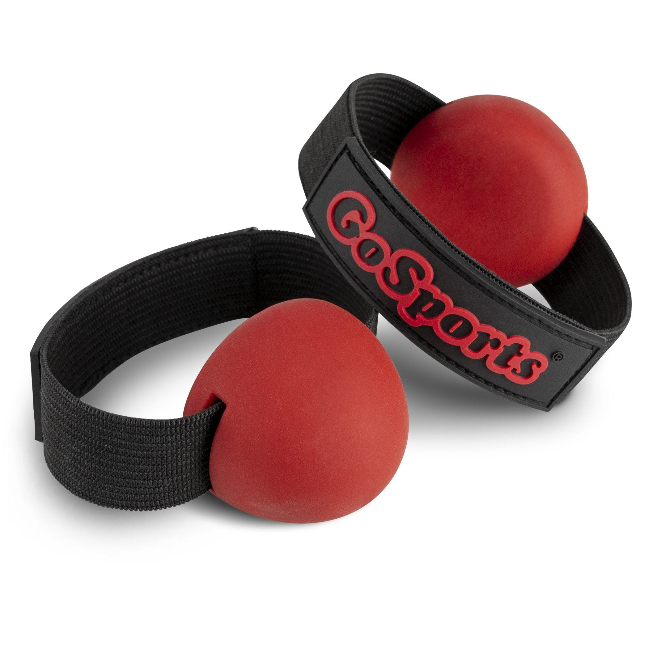 two red boxing balls on a black wristband