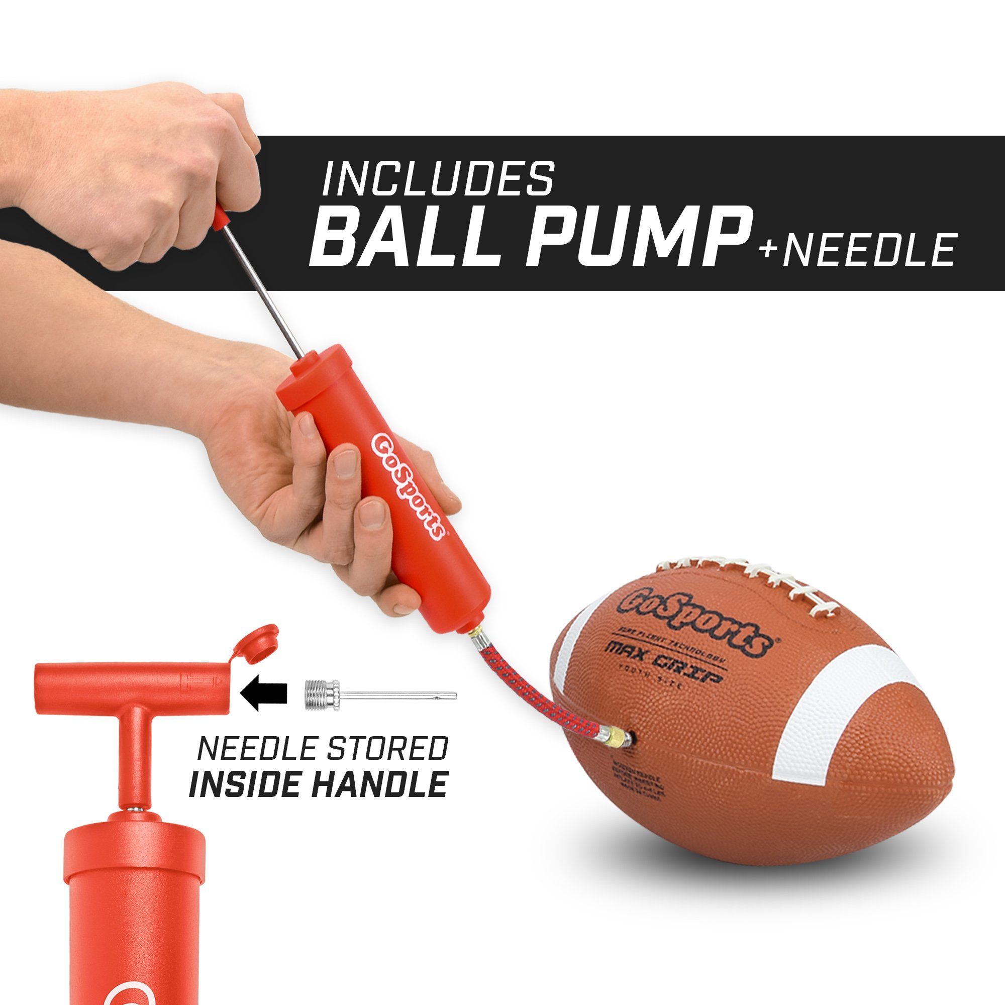 a hand holding a football and a red pump