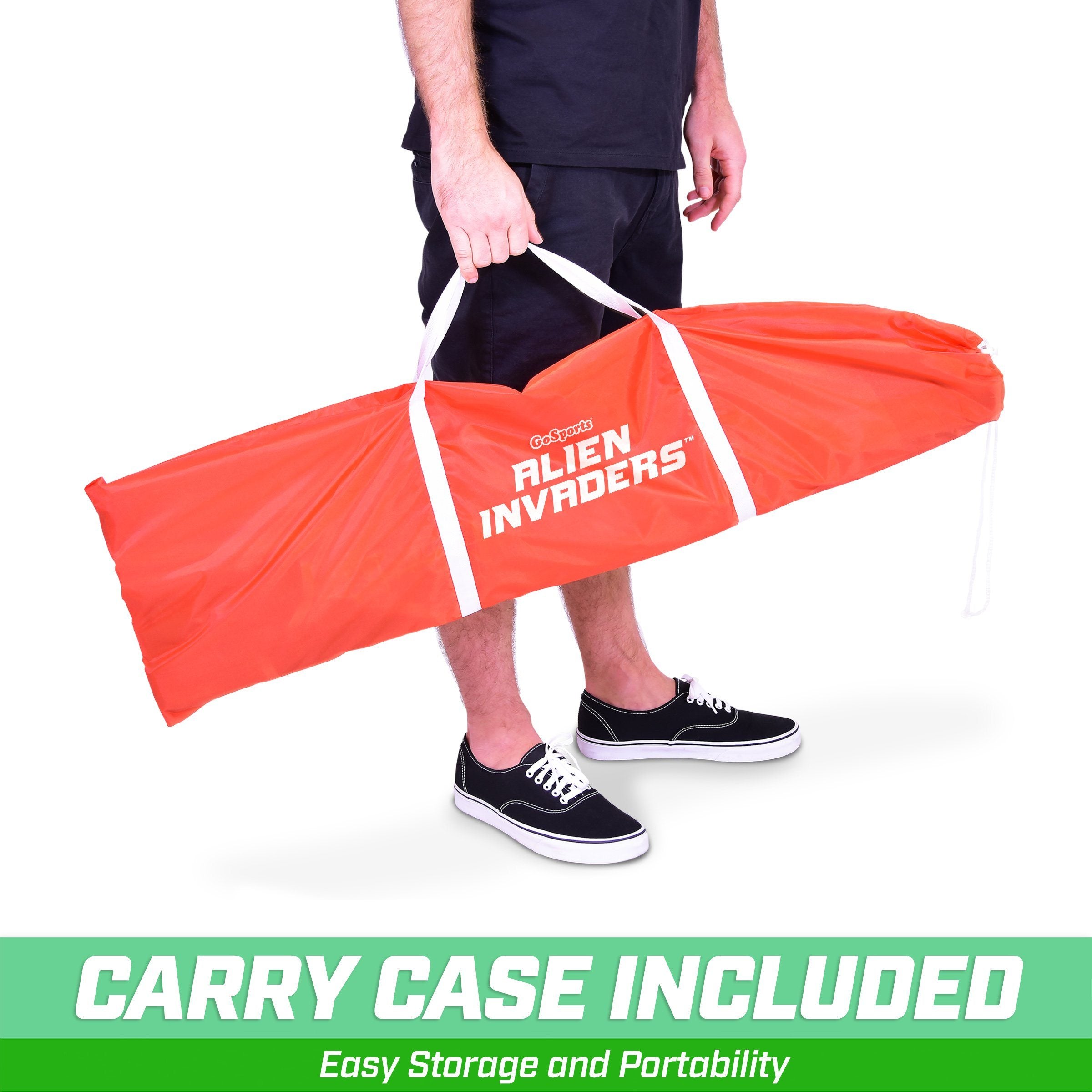 a man holding a red bag with the words carry included