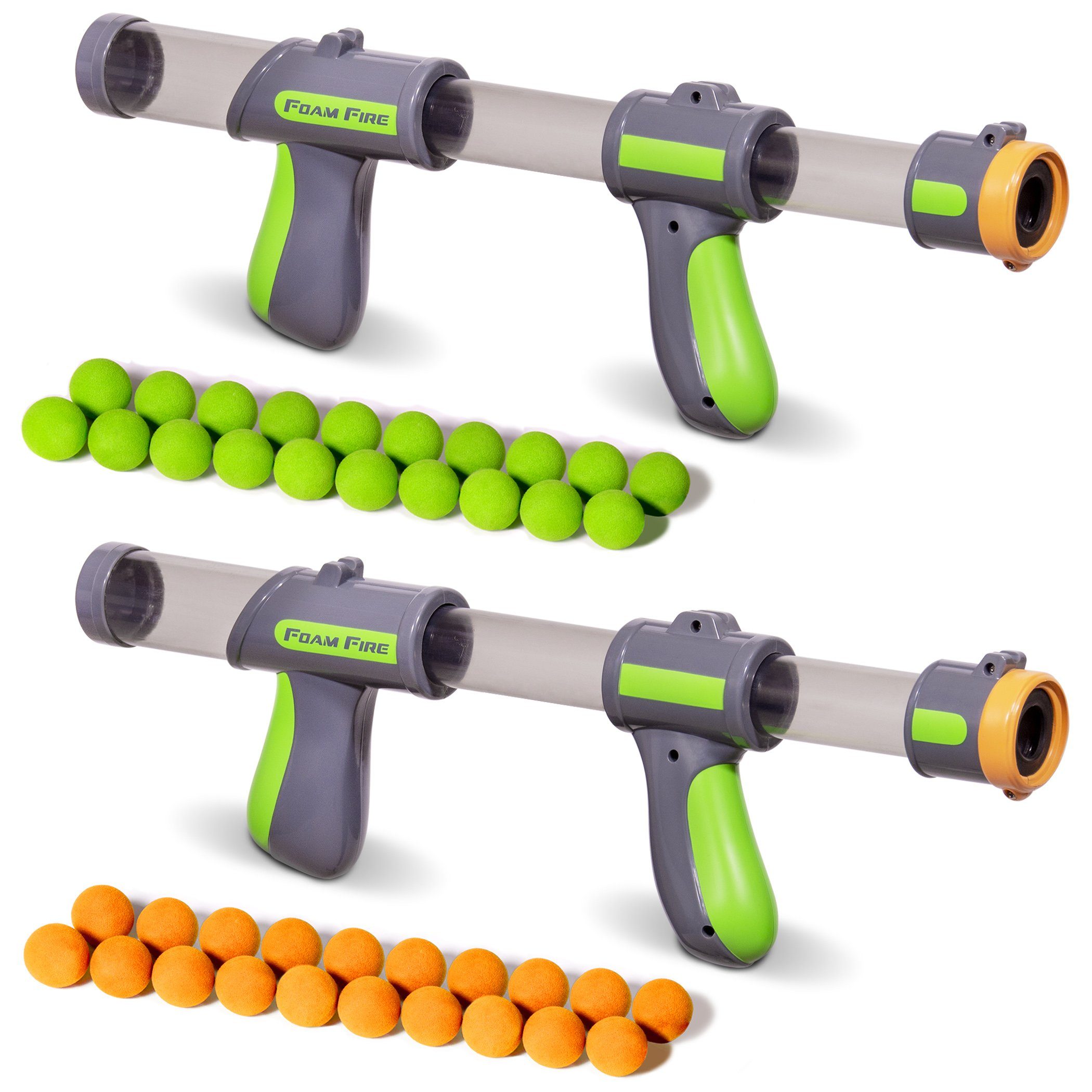 a set of three plastic balls and a plastic ball launcher