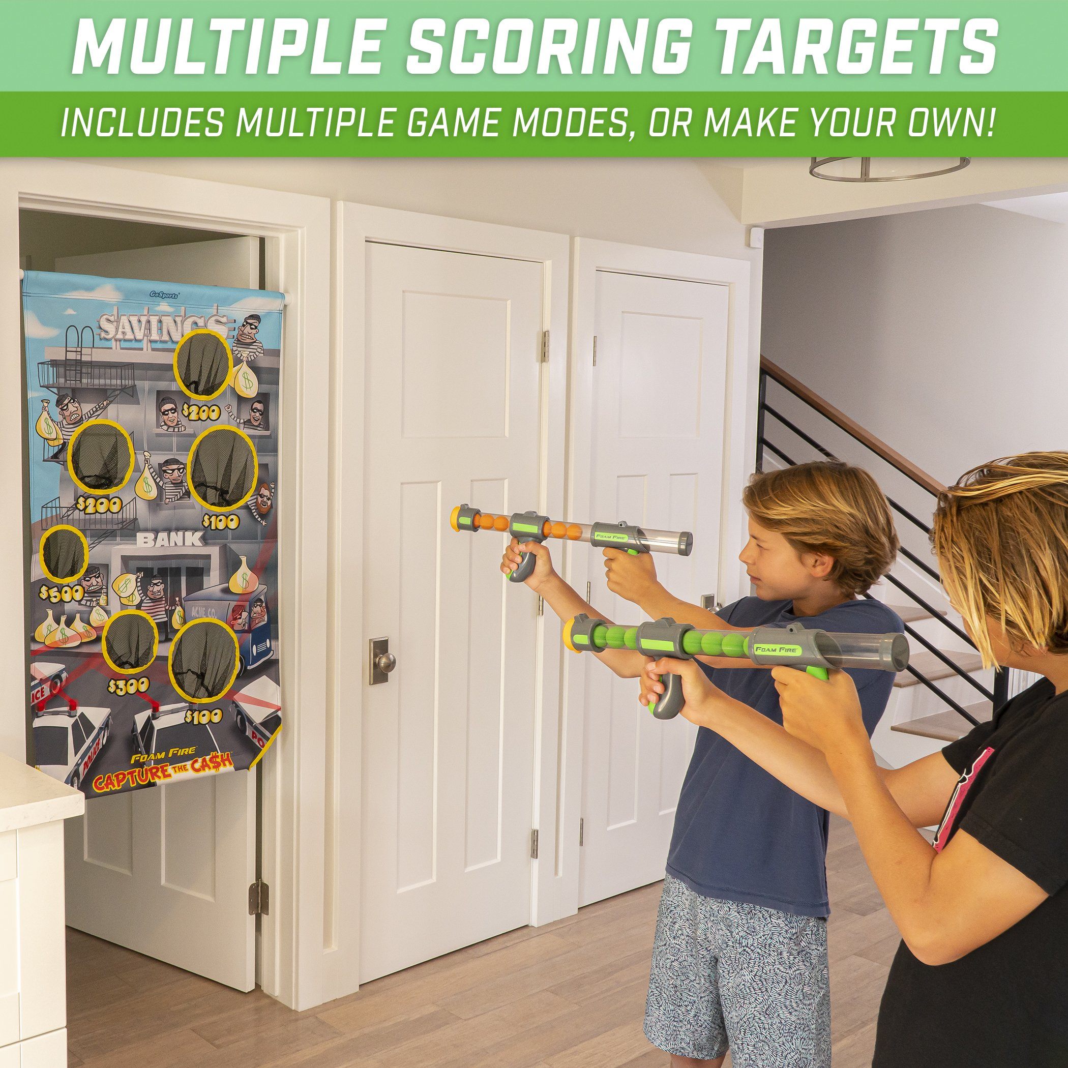 a woman is holding a drill and a child is holding a drill