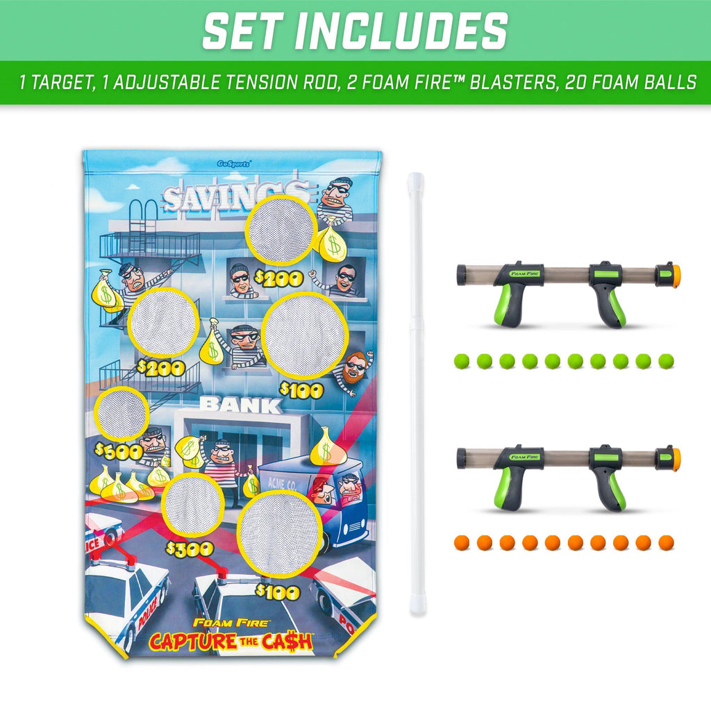 GoSports Foam Fire Capture The Cash Game Set | Includes Universal Door Frame Tension Rod, Toy Blasters and Foam Balls Target Practice playgosports.com 
