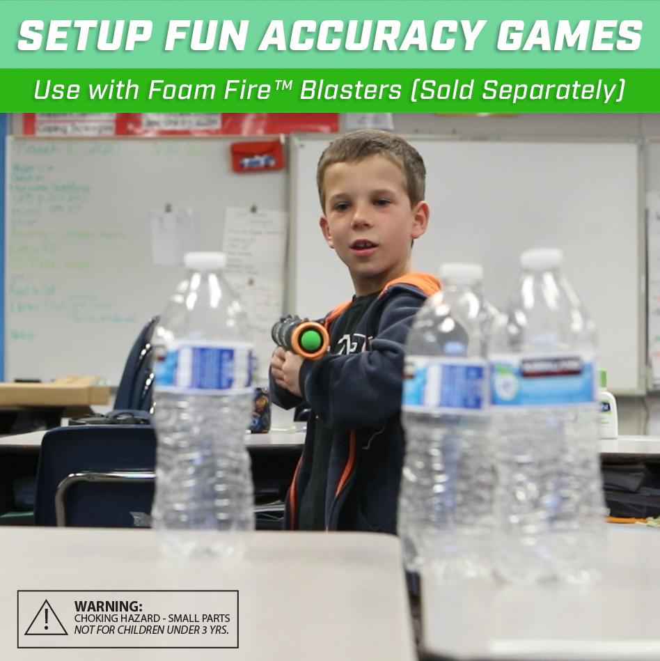 a boy in a classroom with water bottles