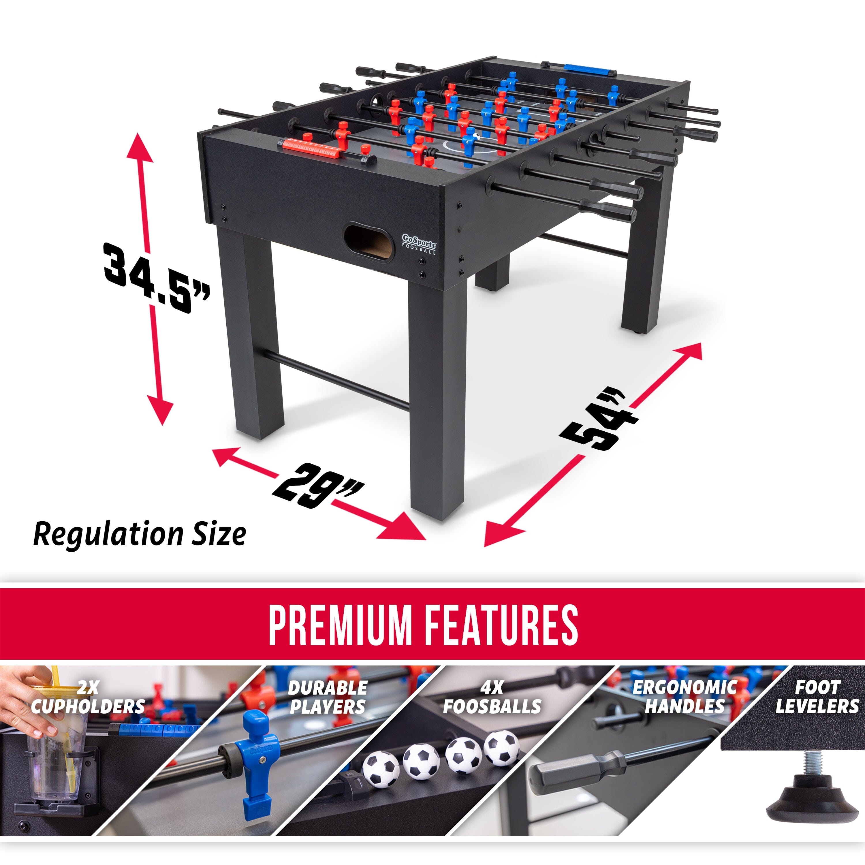 GoSports 54 Inch Foosball Table - Full Size Game Table For Game Room, Includes 4 Balls & 2 Cup Holders