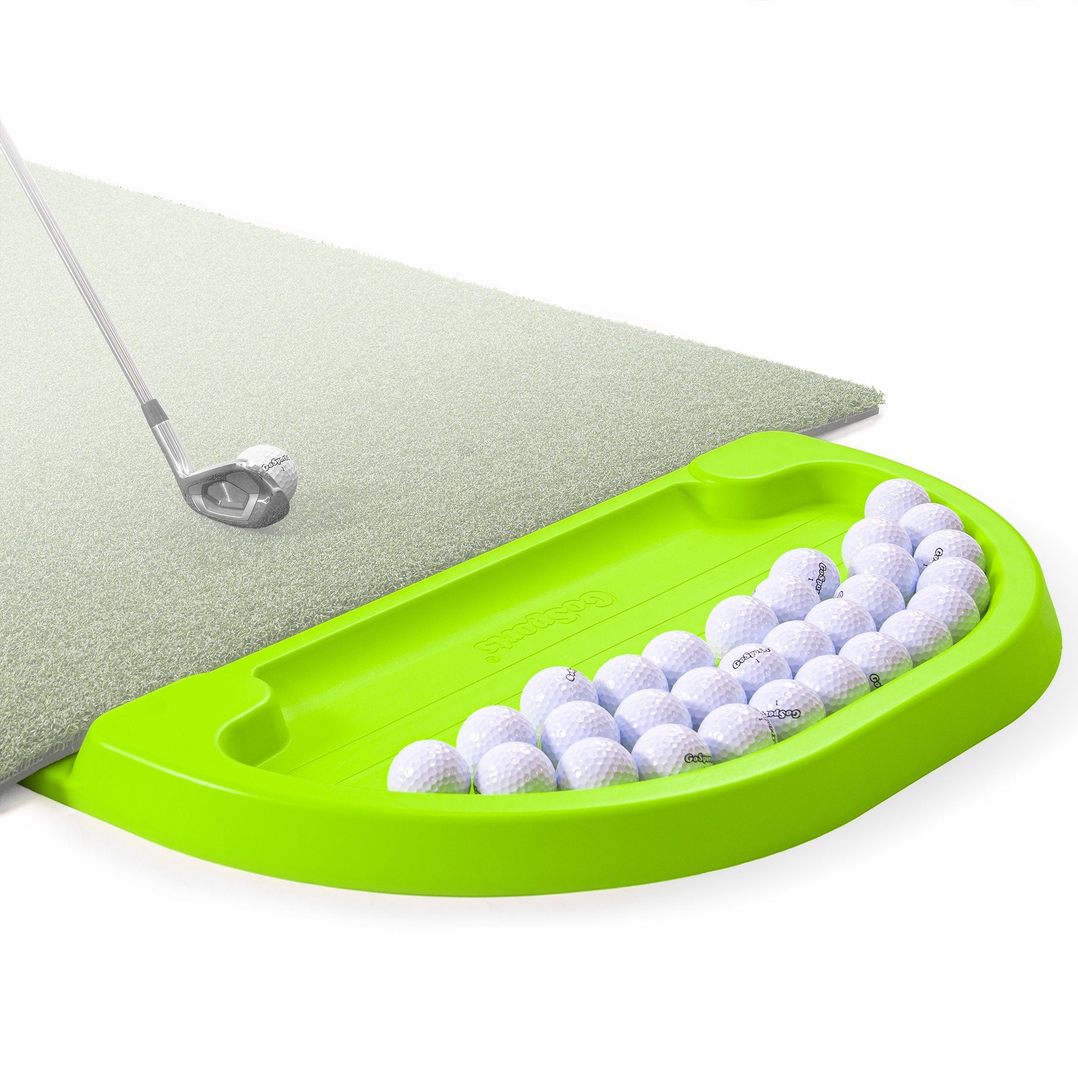 a green golf ball tray with a golf ball in it
