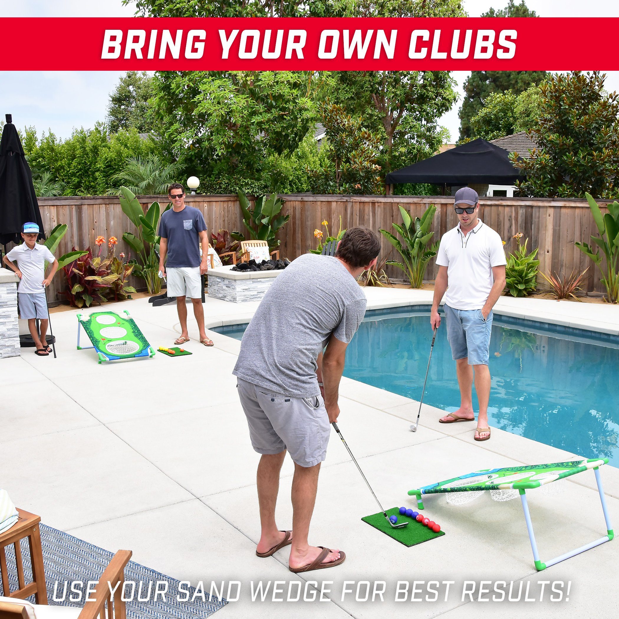 a group of people playing golf in a backyard pool