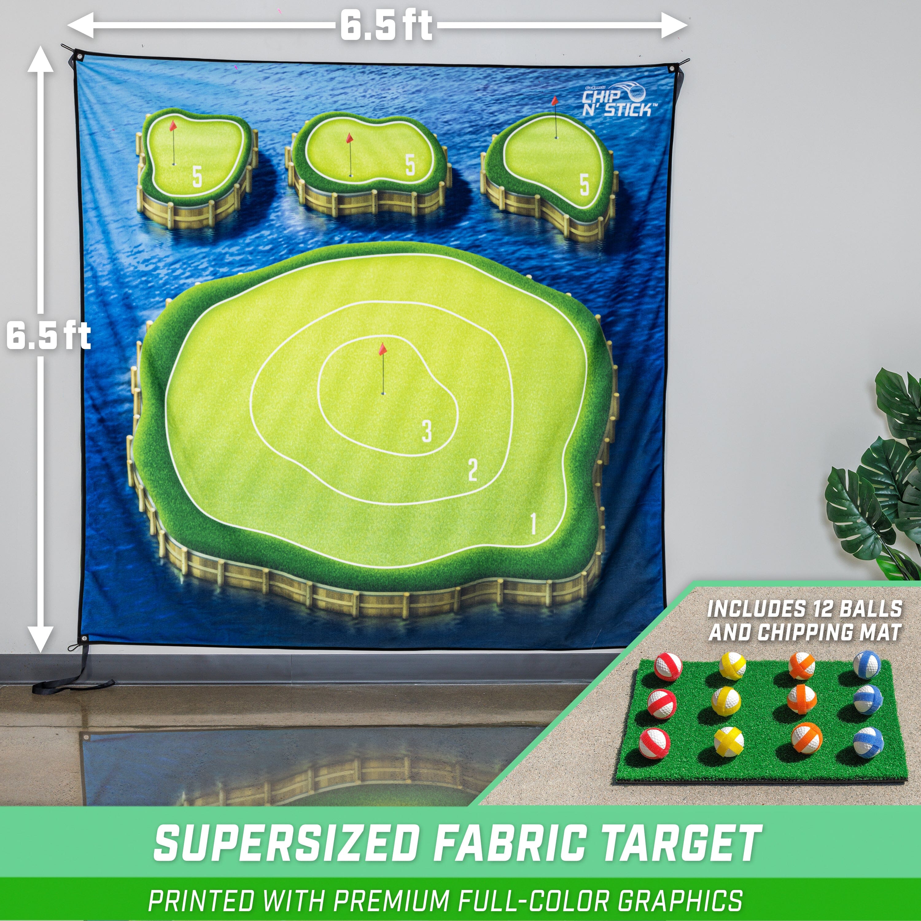 a golf field with balls and a green field with a hole