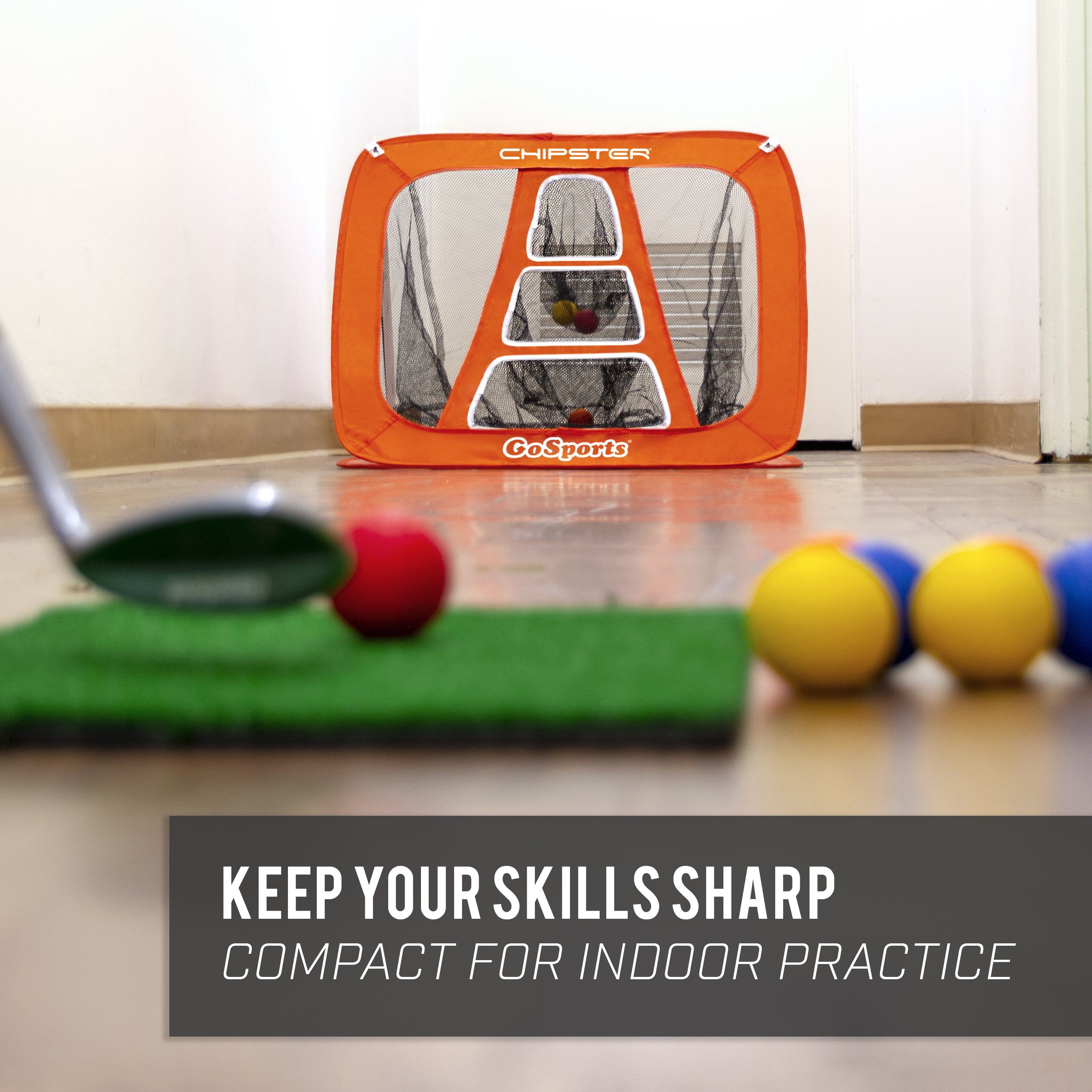 a golf ball and a golf tee on the floor with the words keep your skills sharp