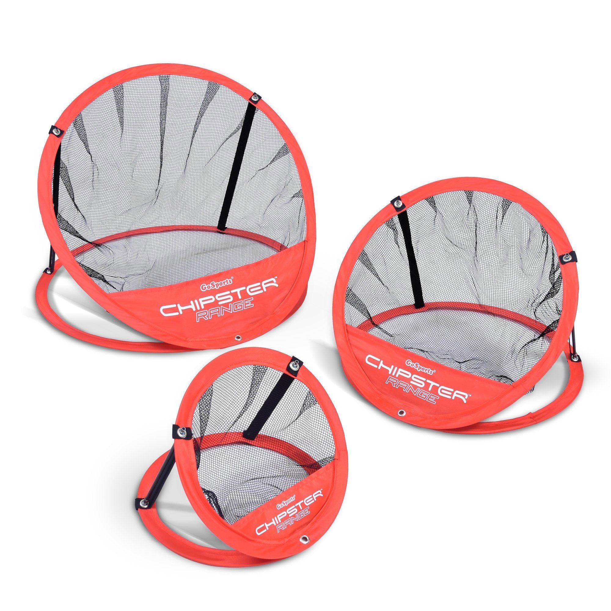 three red chairs with a mesh net on the back