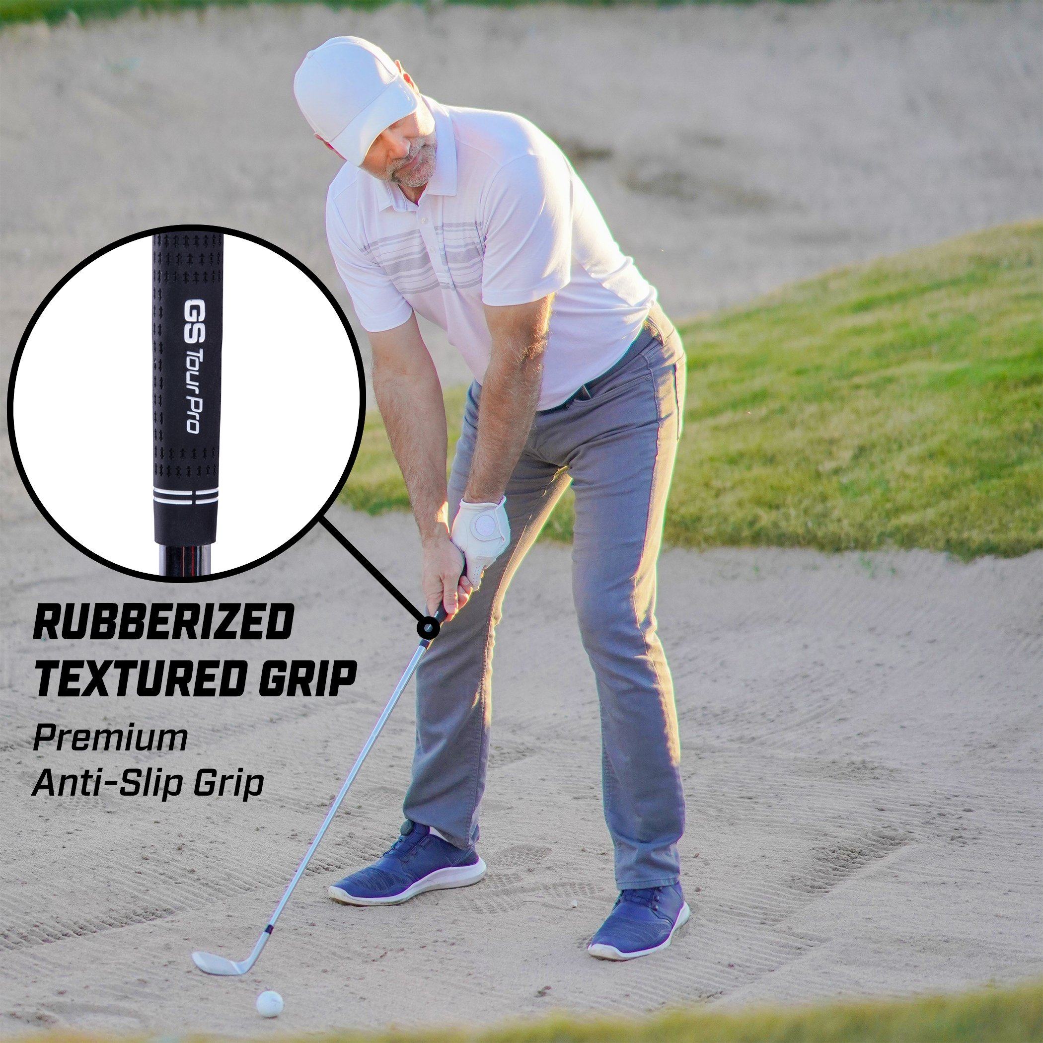 a man in a white shirt and gray pants playing golf