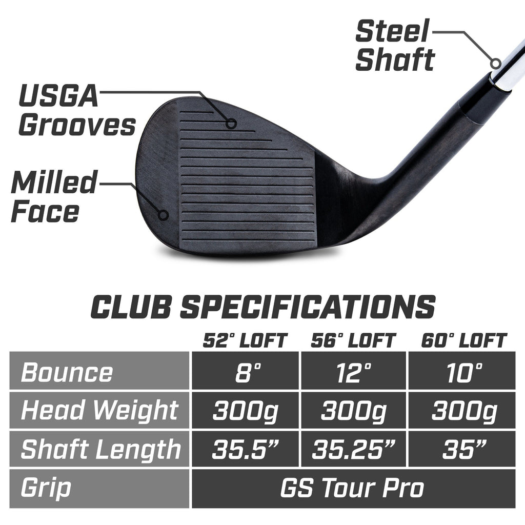 GoSports GS Tour Pro Golf Clubs Wedge Set - 52°, 56°, 60 Degree Wedges - Black Golf playgosports.com 